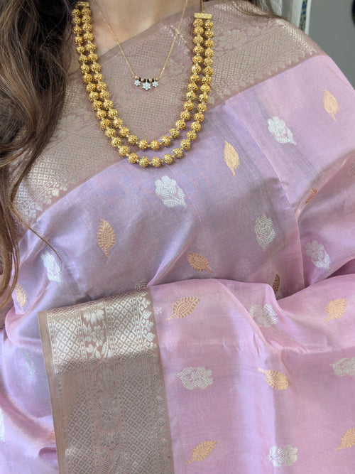 Baby Pink Hand Block Printed Chanderi Silk Saree