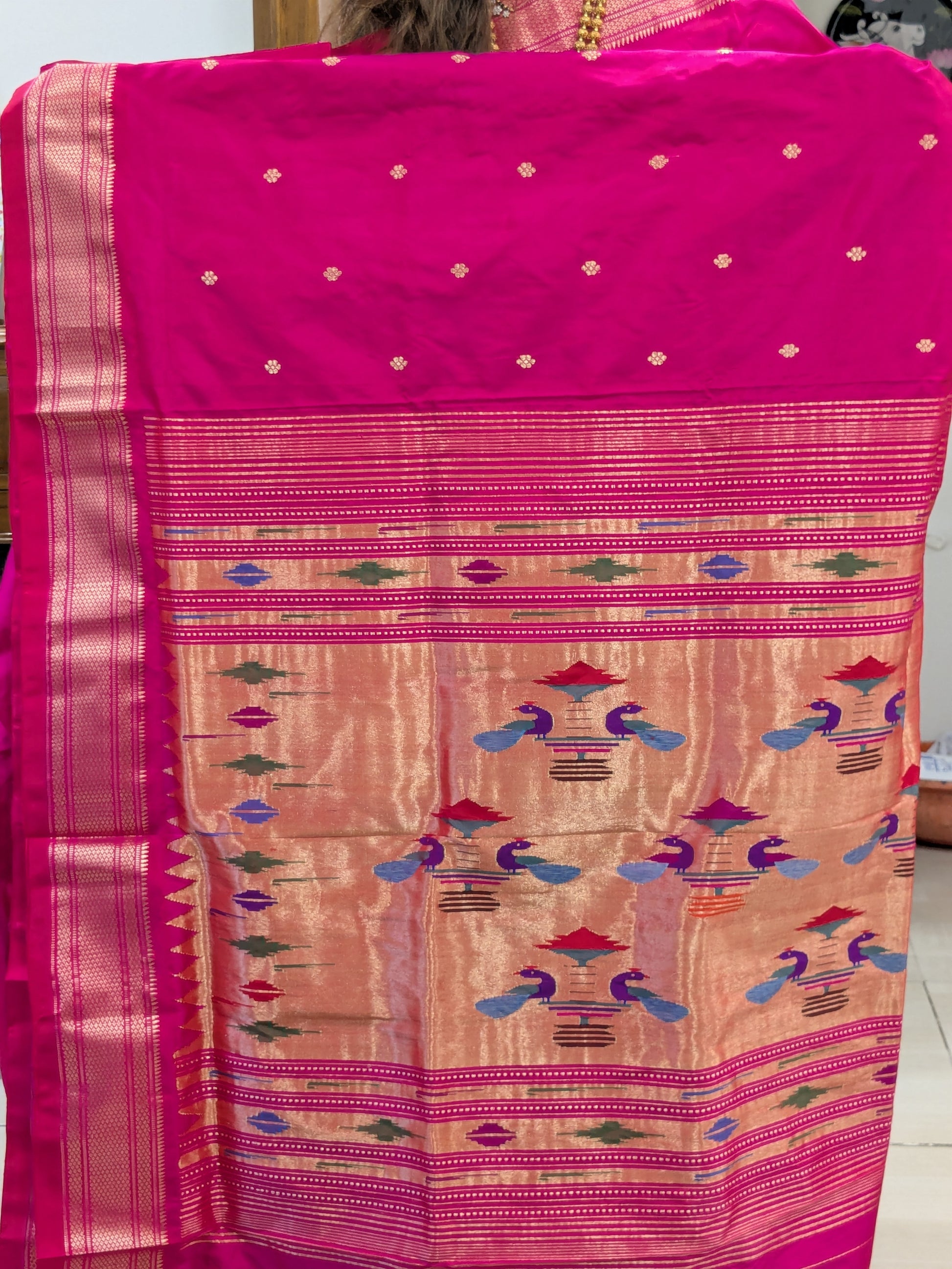 Detailed image of the classic Narali border with golden zari work.