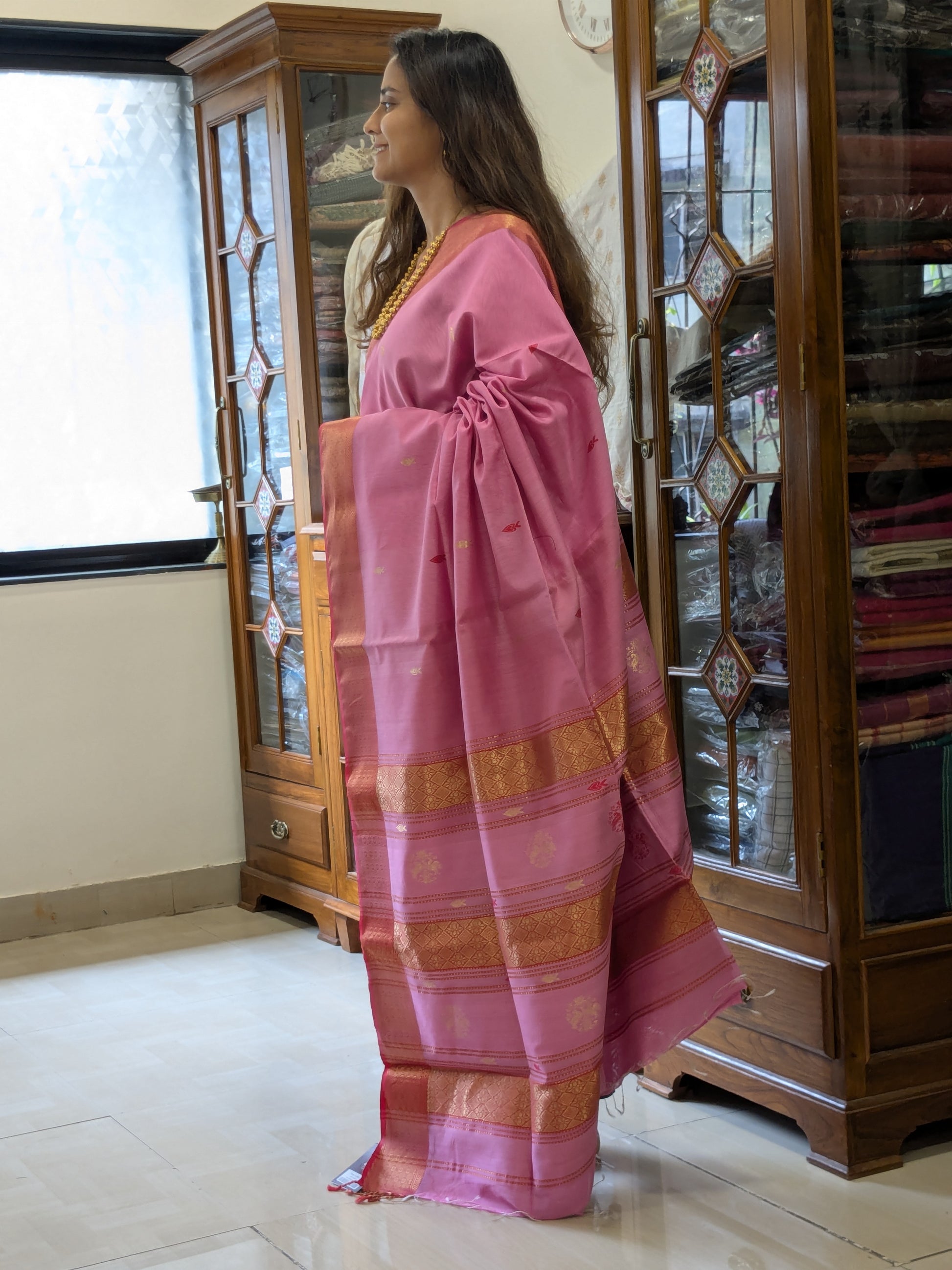 Silk Cotton Baby Pink Maheshwari Saree