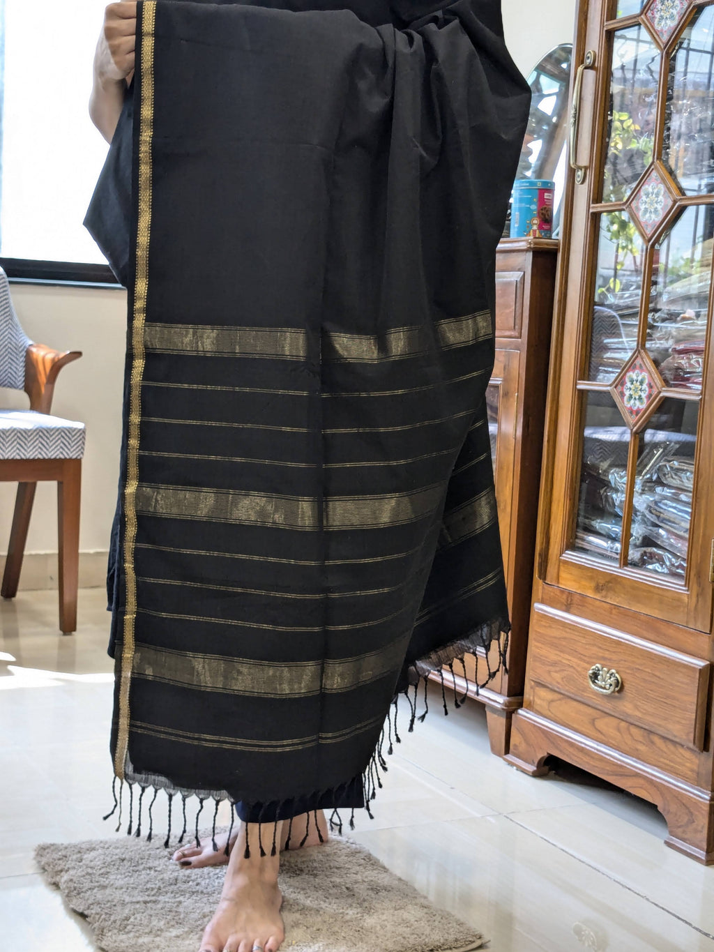 Handloom Maheshwari Black Pure Cotton Saree