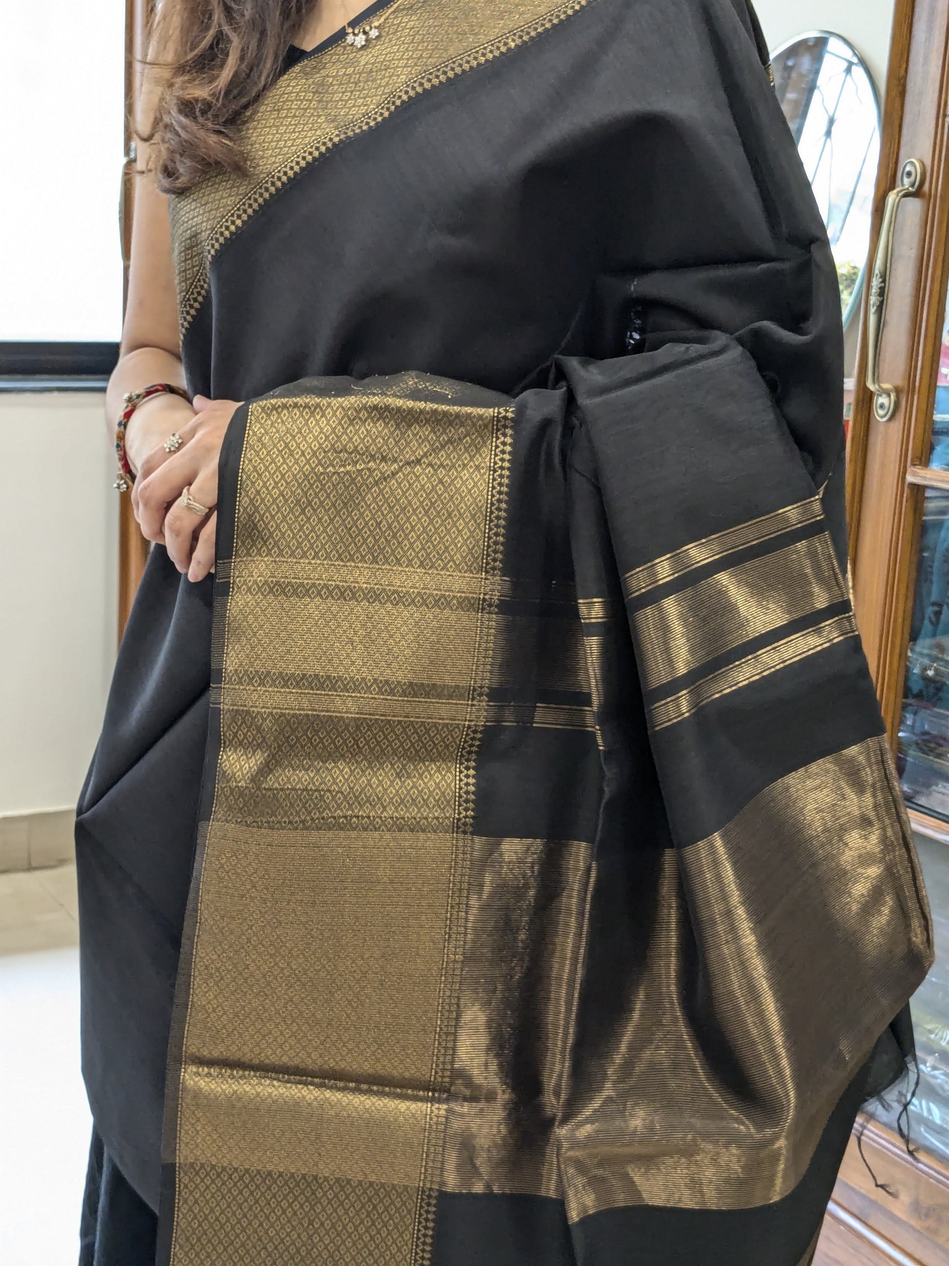 Maheshwari Plain Black Saree with Golden Border