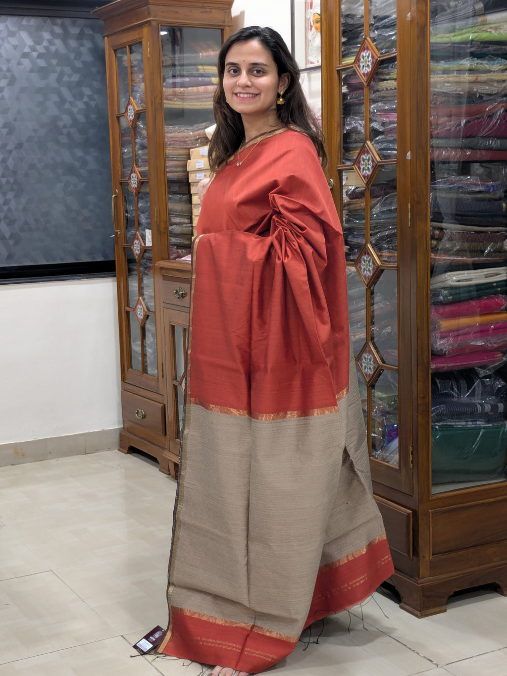 Carrot Red Maheshwari Handloom Kosa Silk Saree