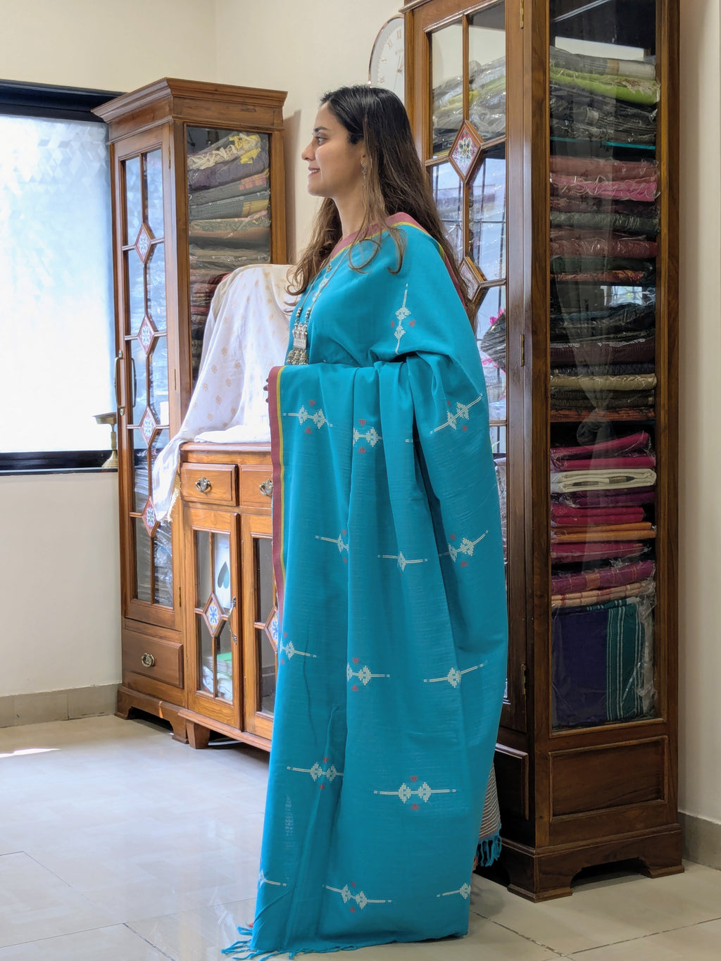 Bawan Buti Cotton Ocean Blue Saree