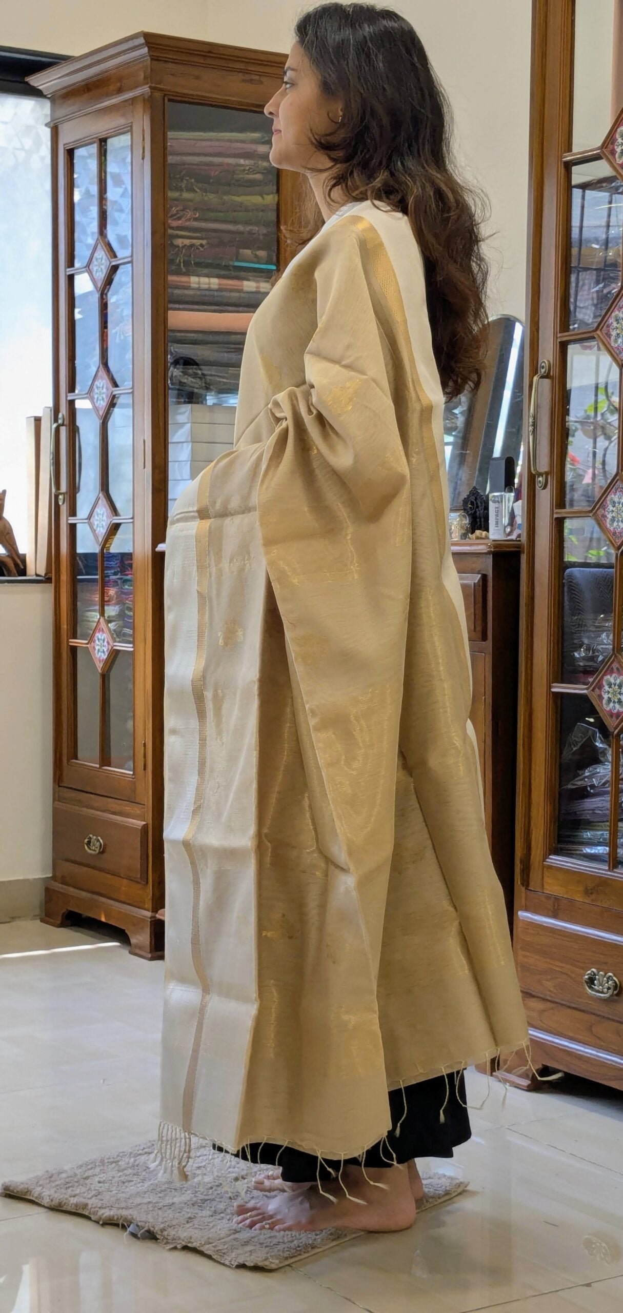 Side view of beige silk cotton saree showing graceful drape, fine weave, and soft traditional texture. 