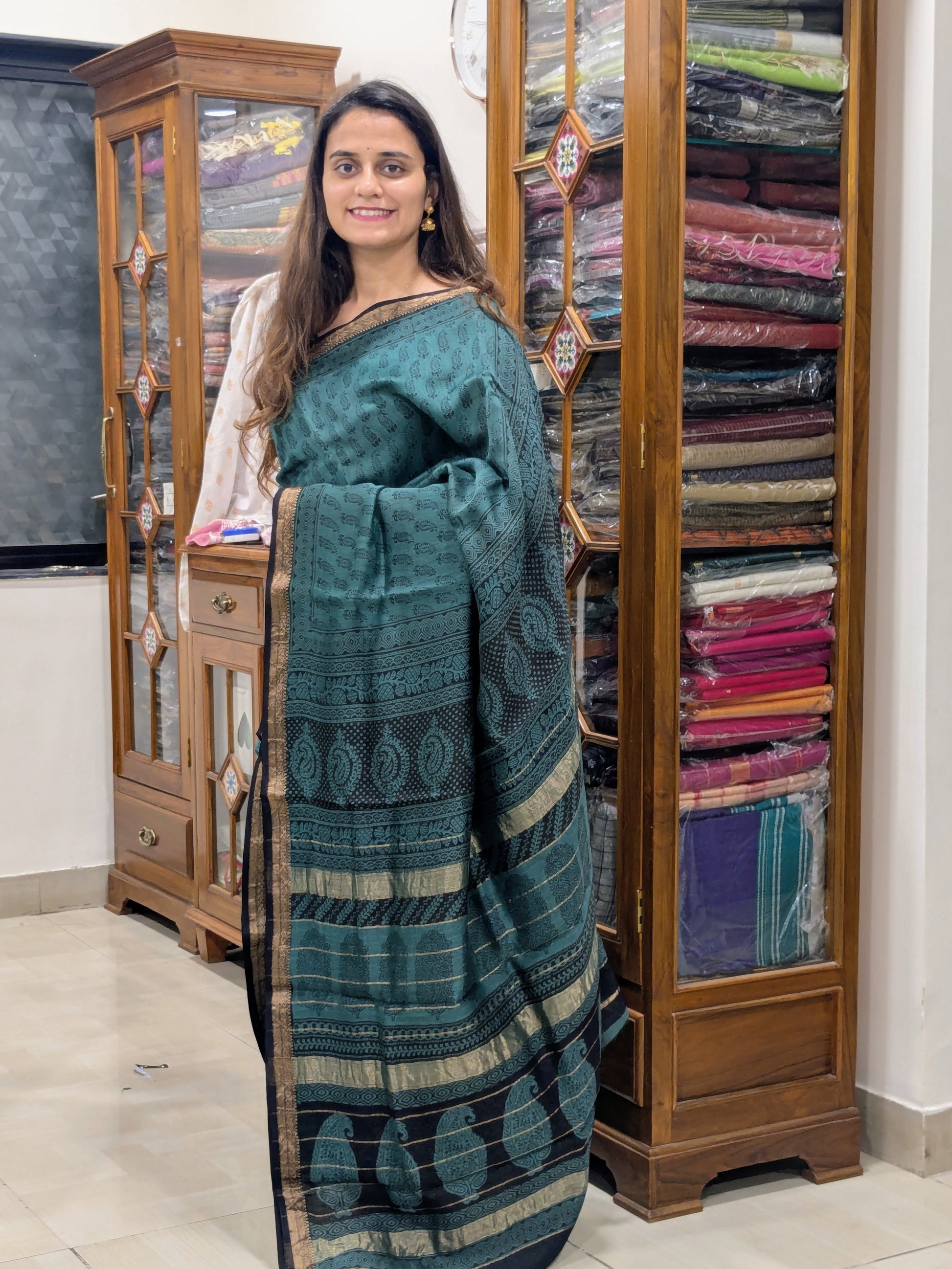 Maheshwari Peacock Green Handloom Bagh Handblock Print Saree