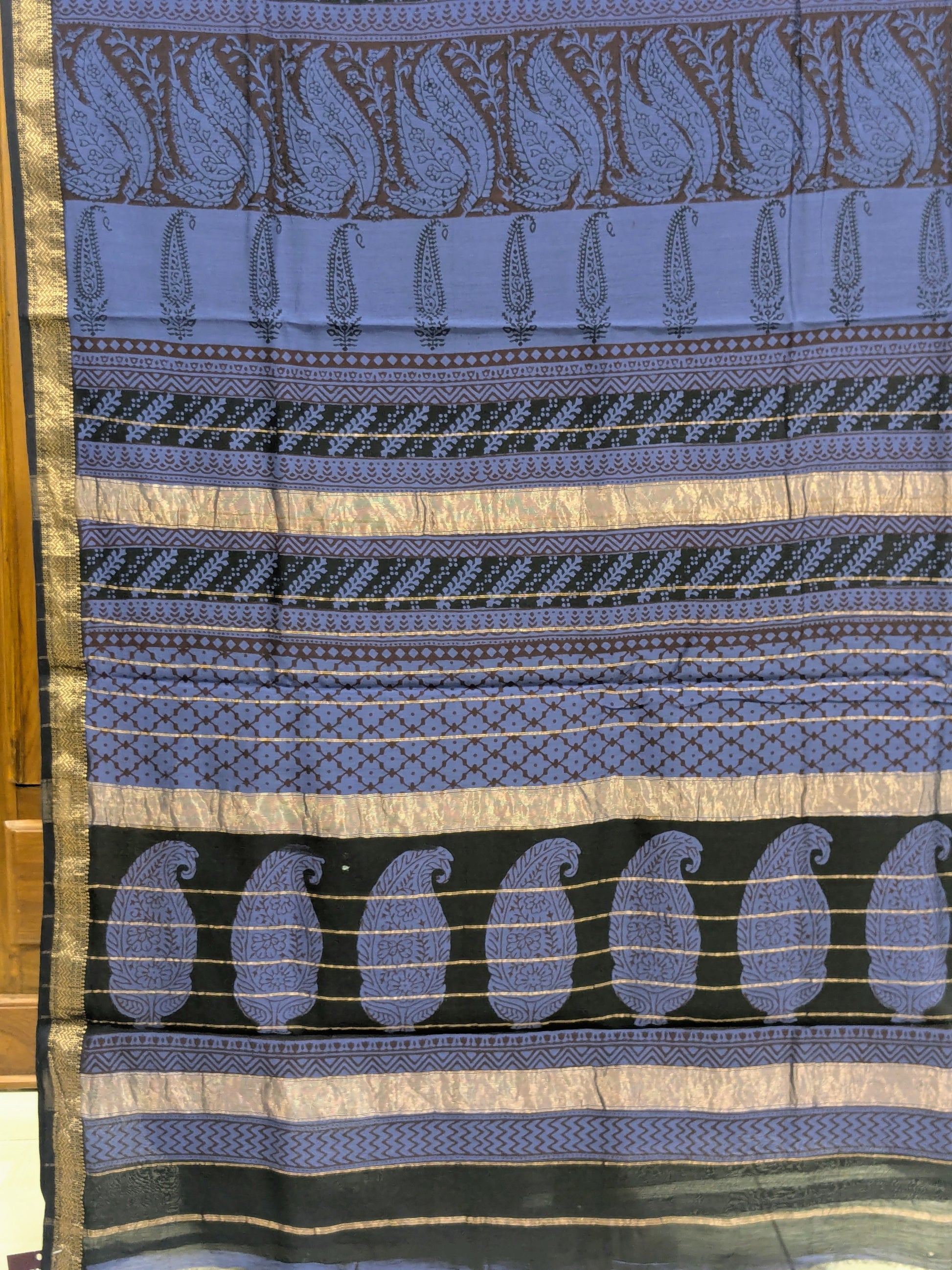 Maheshwari Black and Blue Handloom & Handblock Bagh Print Saree