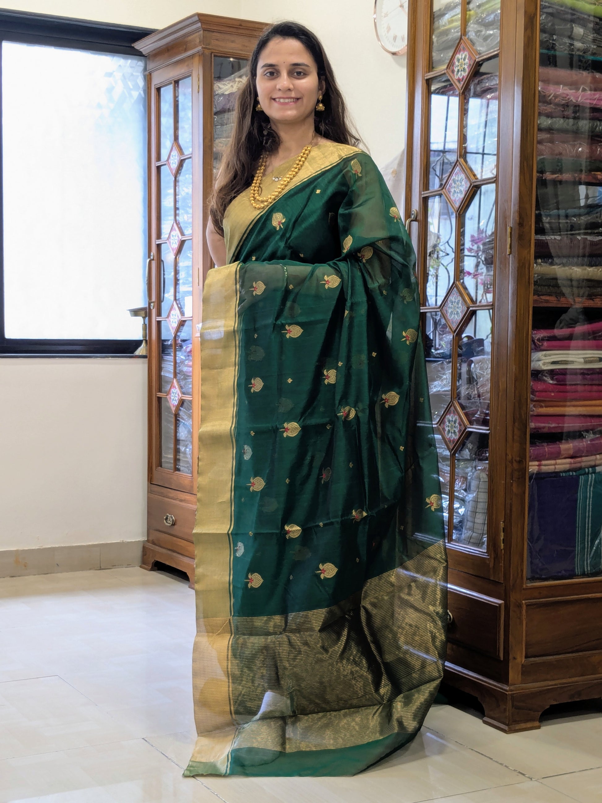 Dark Green Chanderi Cotton Silk Saree