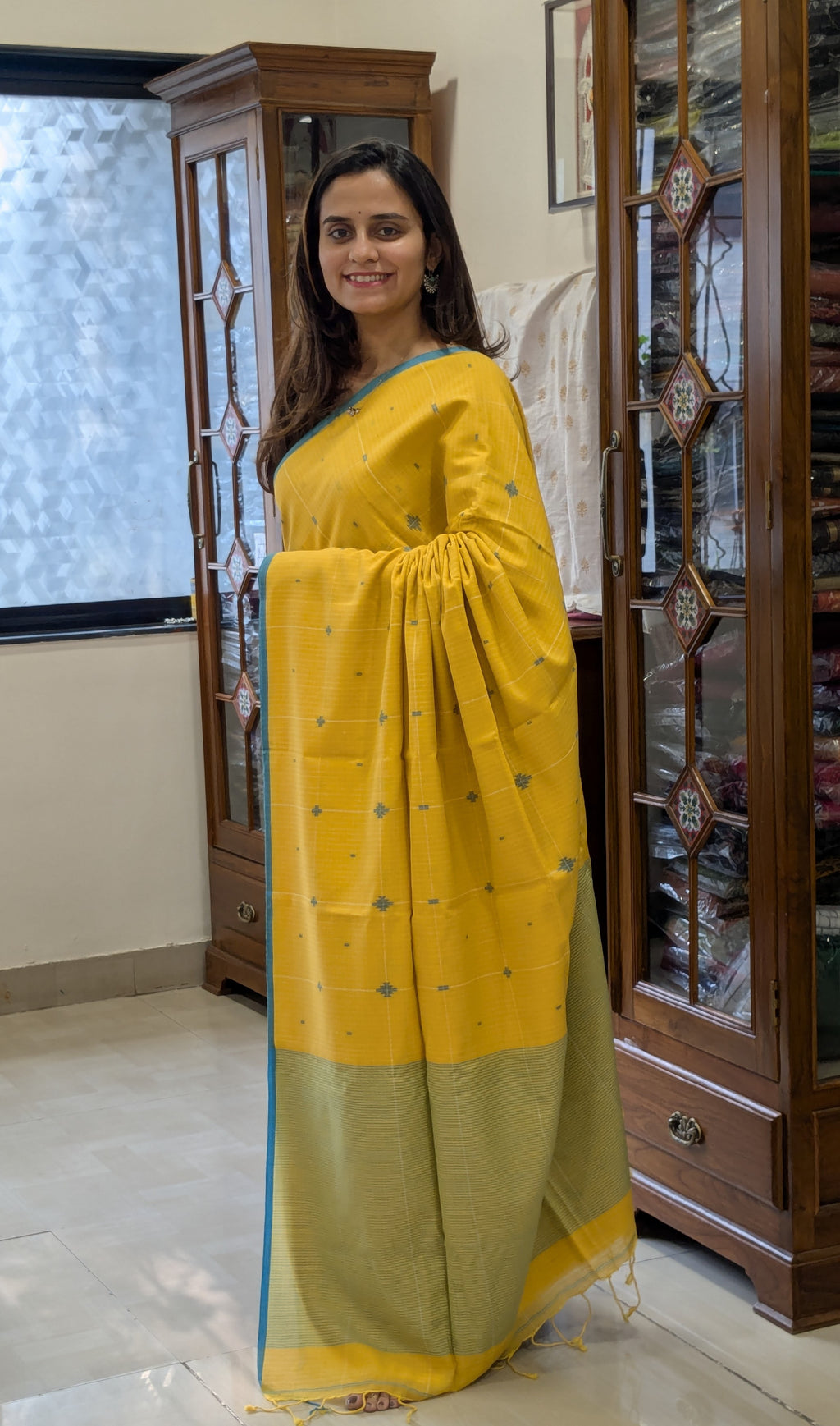Handloom Yellow Jamdani Saree with Checks
