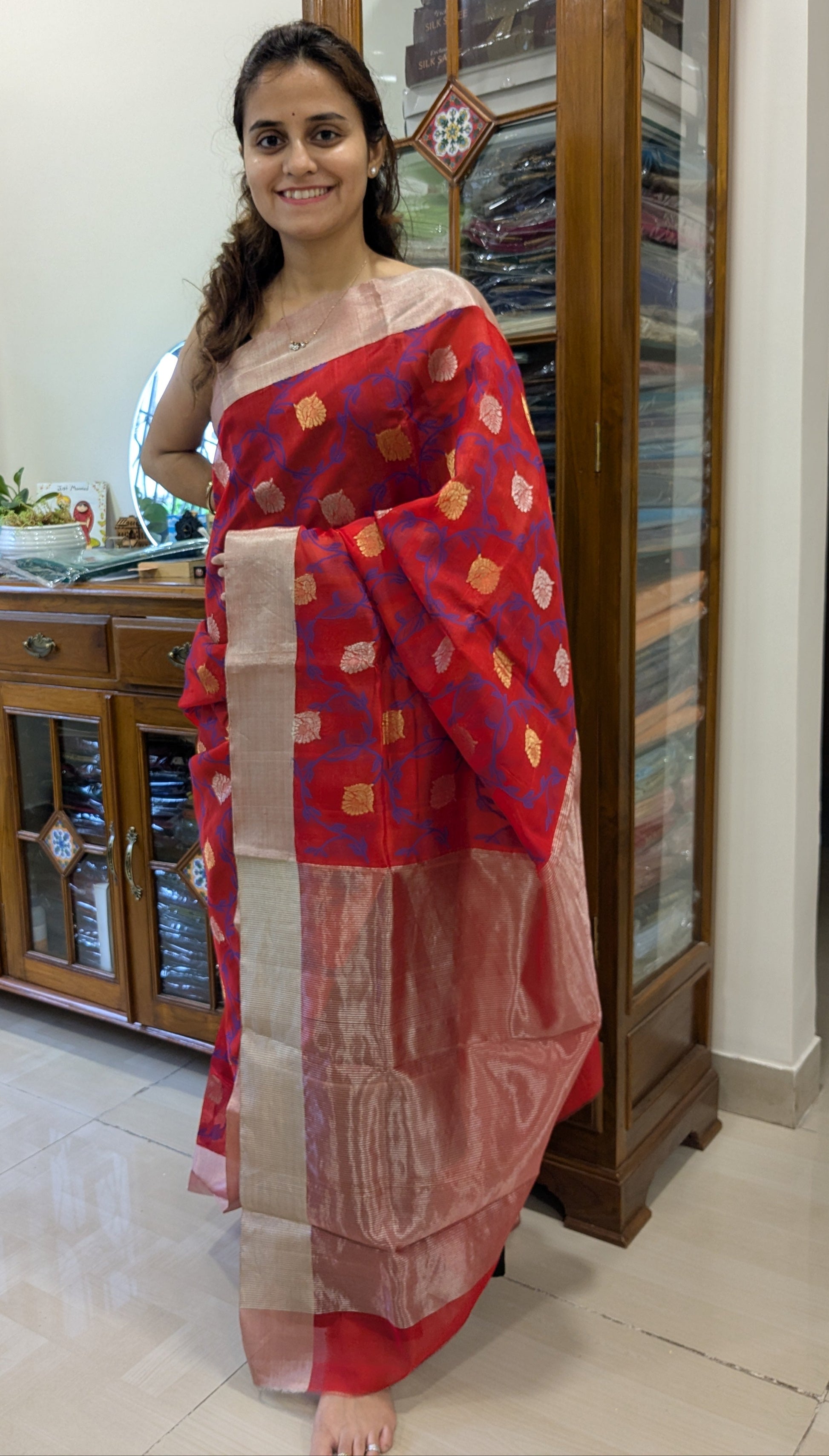 Full front view of radiant Red Chanderi saree showcasing its bridal and festive appeal.