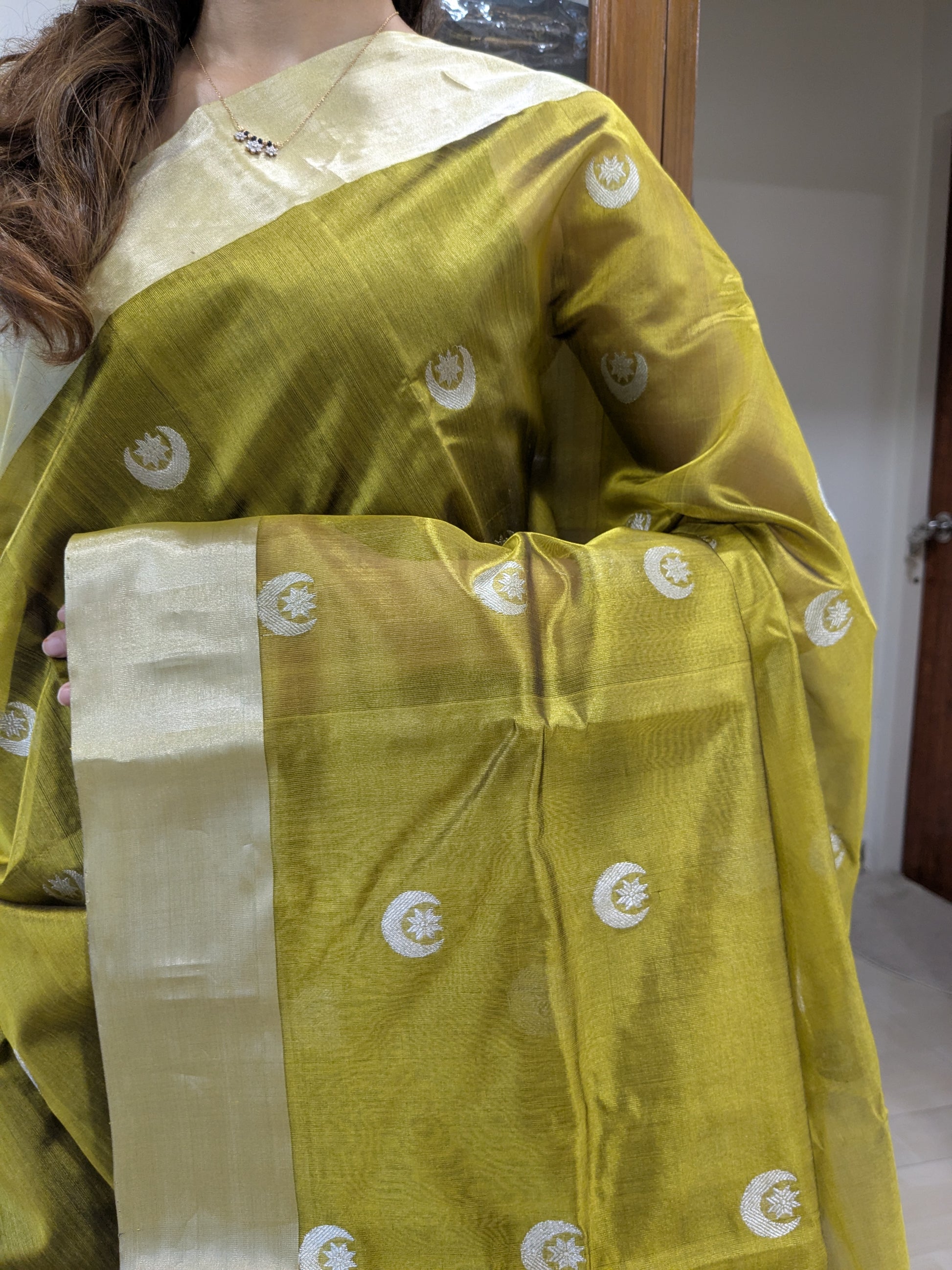 Close-up of mehendi green pure Chanderi silk saree with moon and flower motifs, medium border