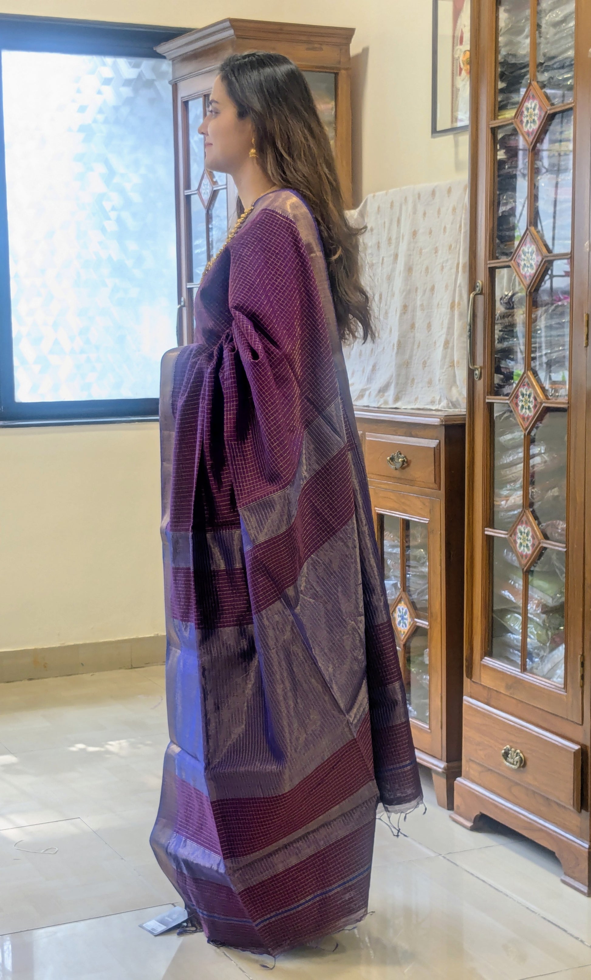 Handloom Purple Maheshwari Zari Checks Saree