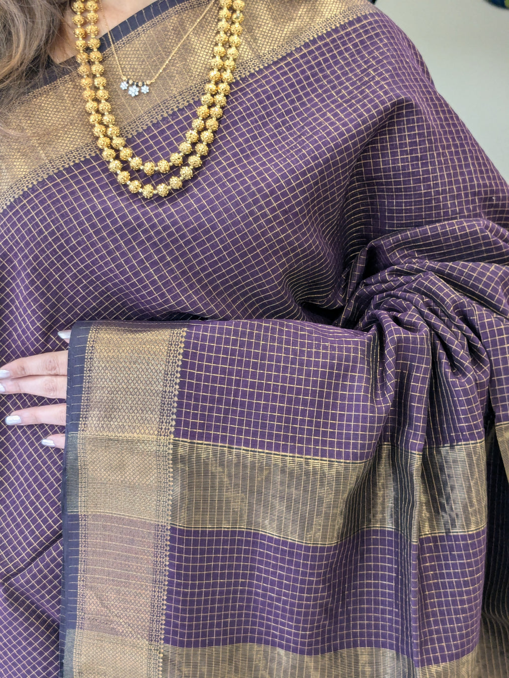 Handloom Deep Purple Maheshwari Zari Checks Saree