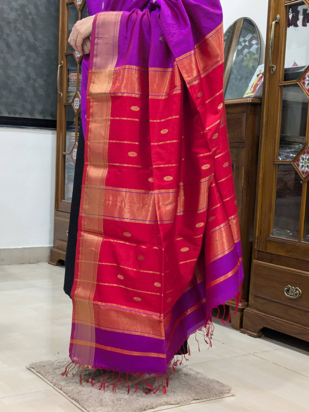 Maheshwari Purple Pure Silk Saree with Red Pallu