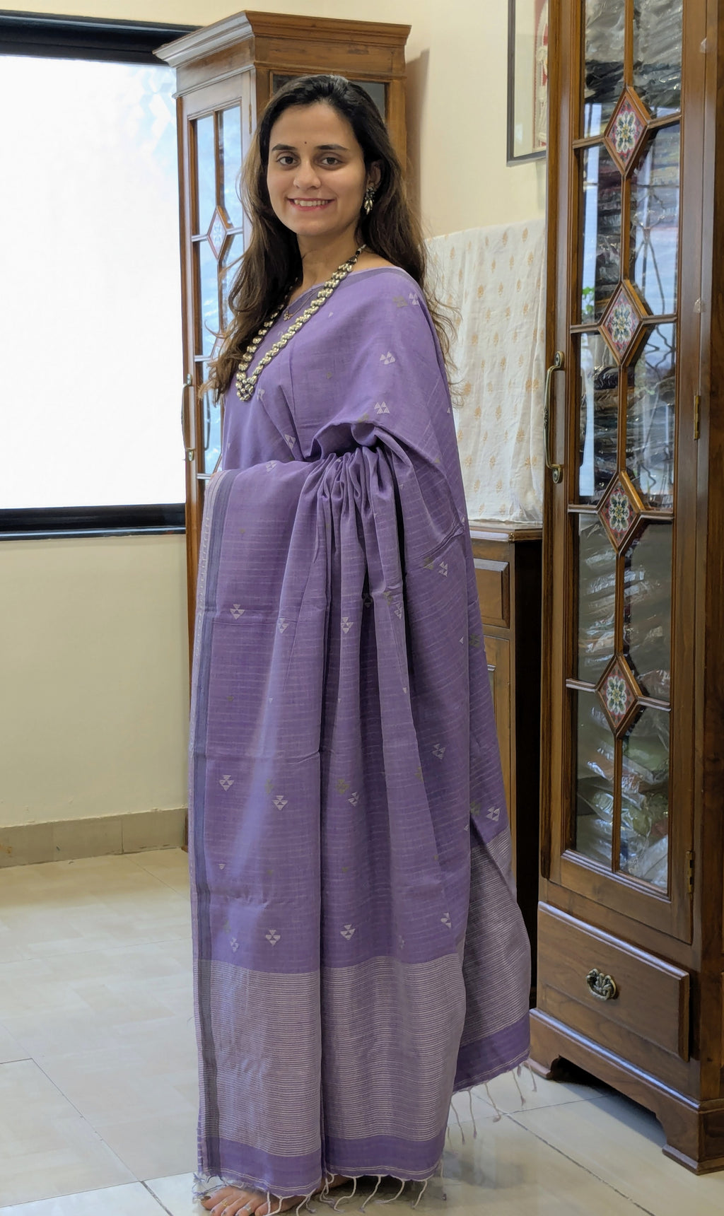 Handloom Purple Jamdani Saree with White Butti