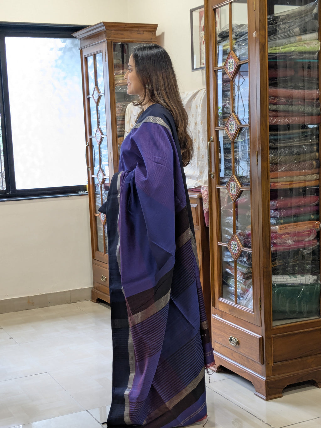 Maheshwari Purple Saree with Black Resham Border