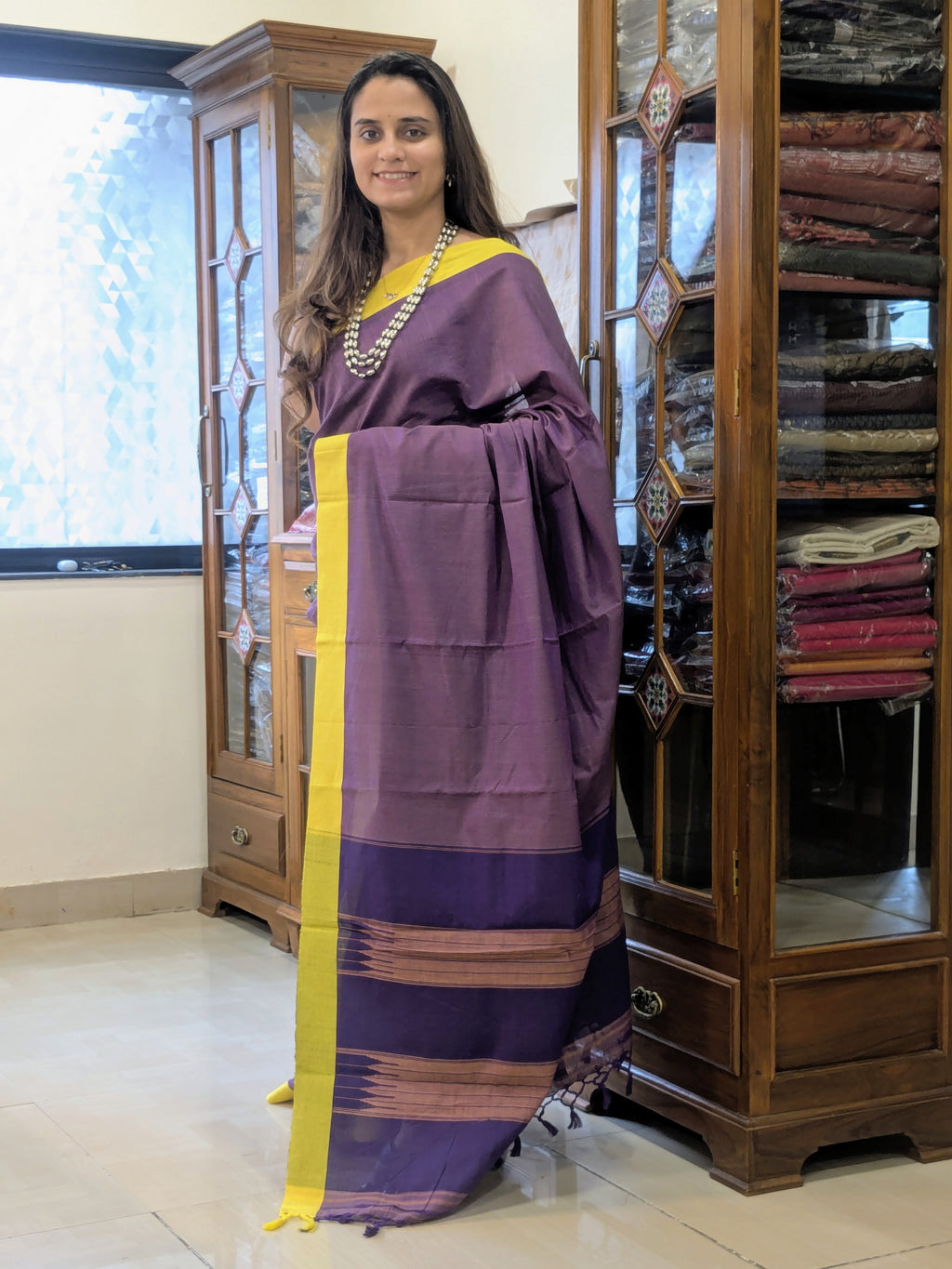 Handloom Ilkal Purple Cotton Saree