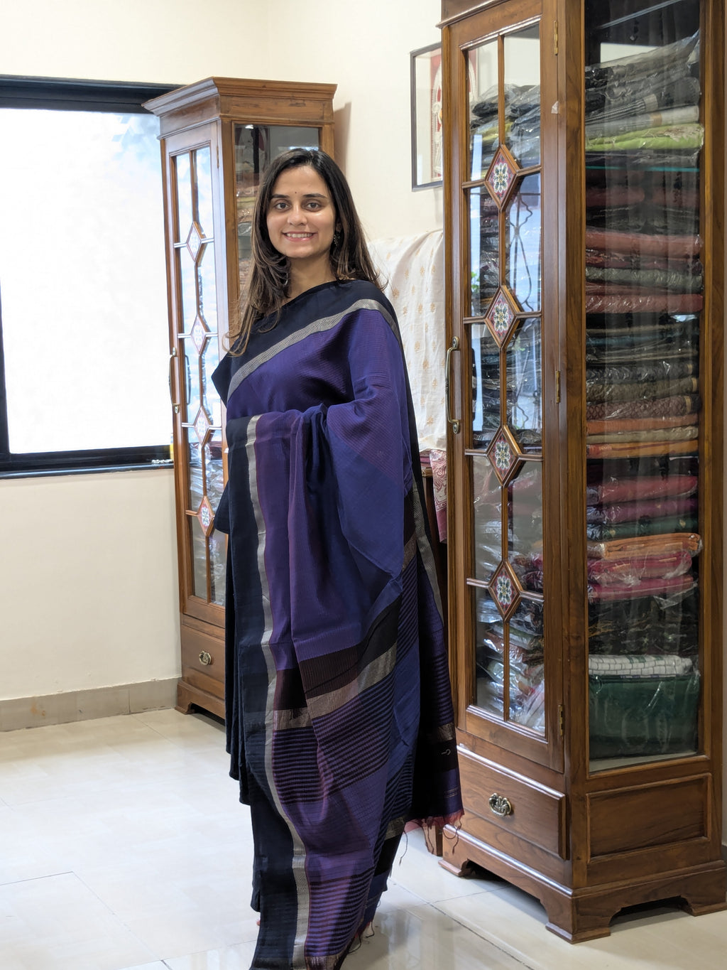 Maheshwari Purple Saree with Black Resham Border