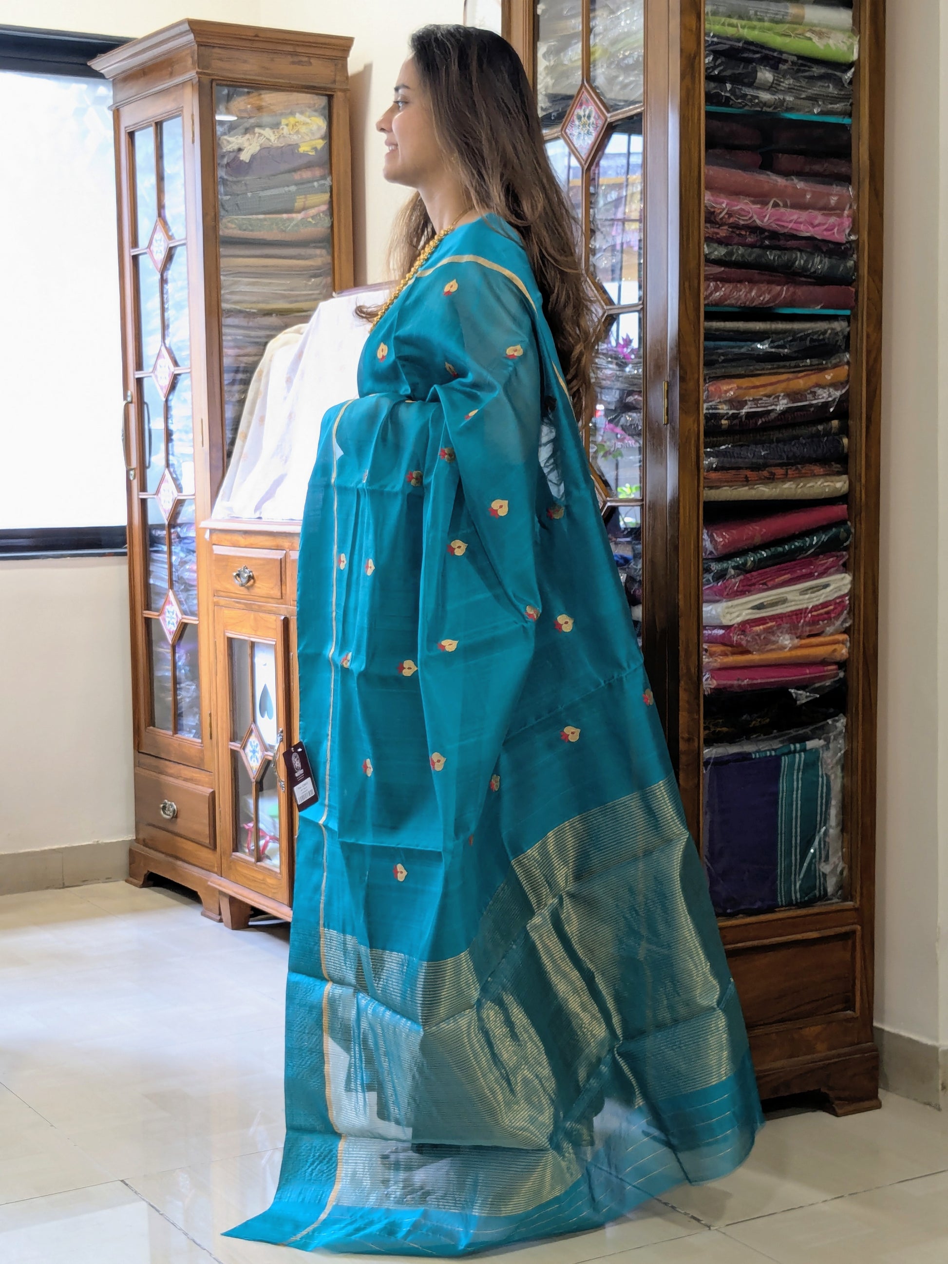 Handloom Rama Green Chanderi Silk Saree