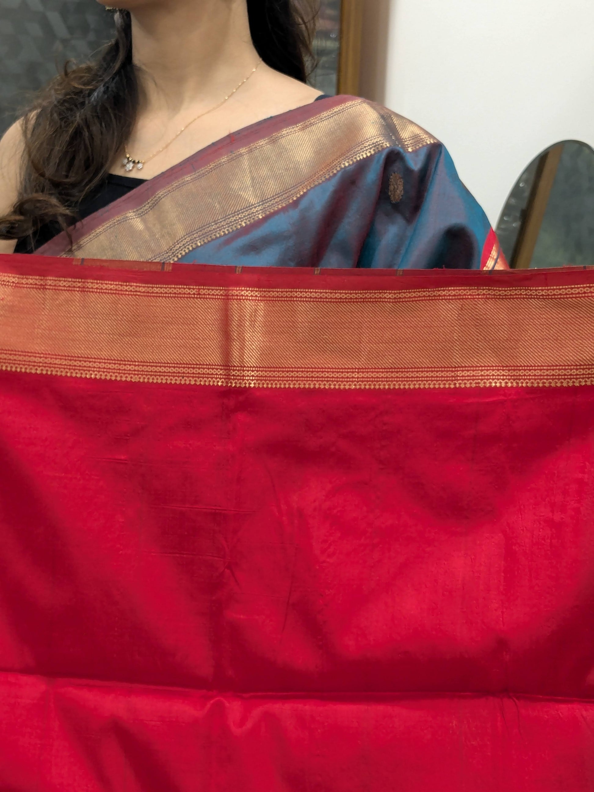 Maheshwari Blue Pure Silk Saree with Red Pallu