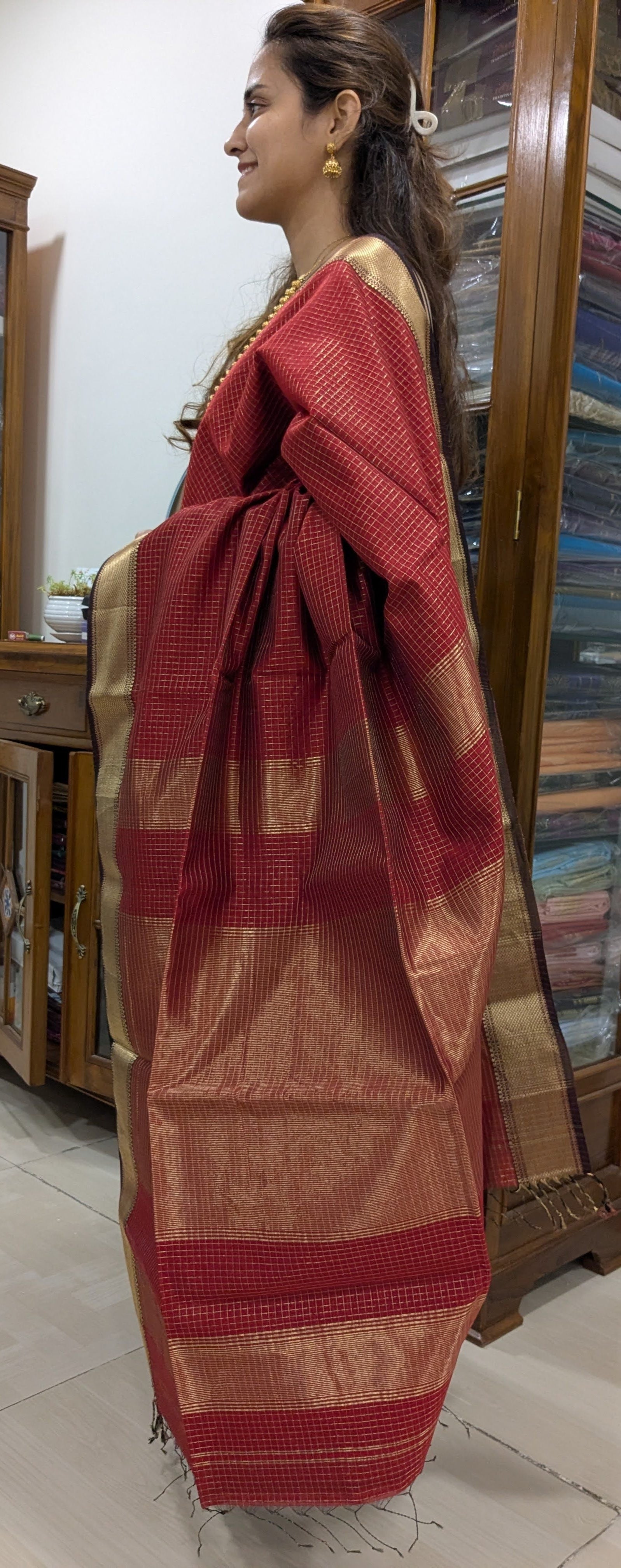 Side view revealing the soft drape and sheen of silk-cotton fabric.