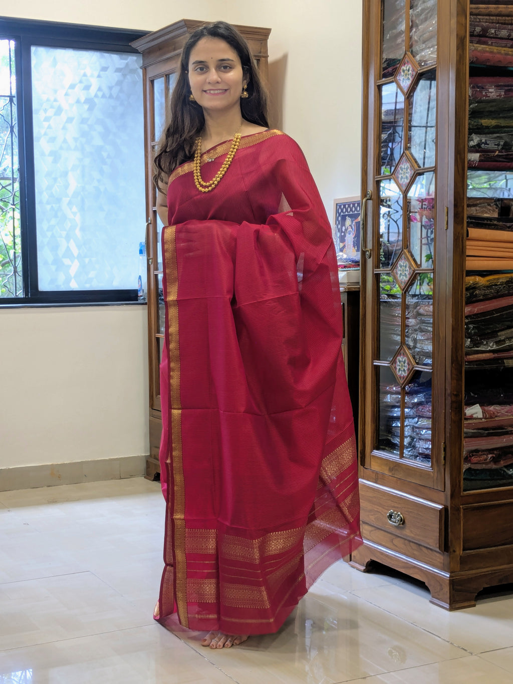 Garbh Reshmi Red Maheshwari Saree