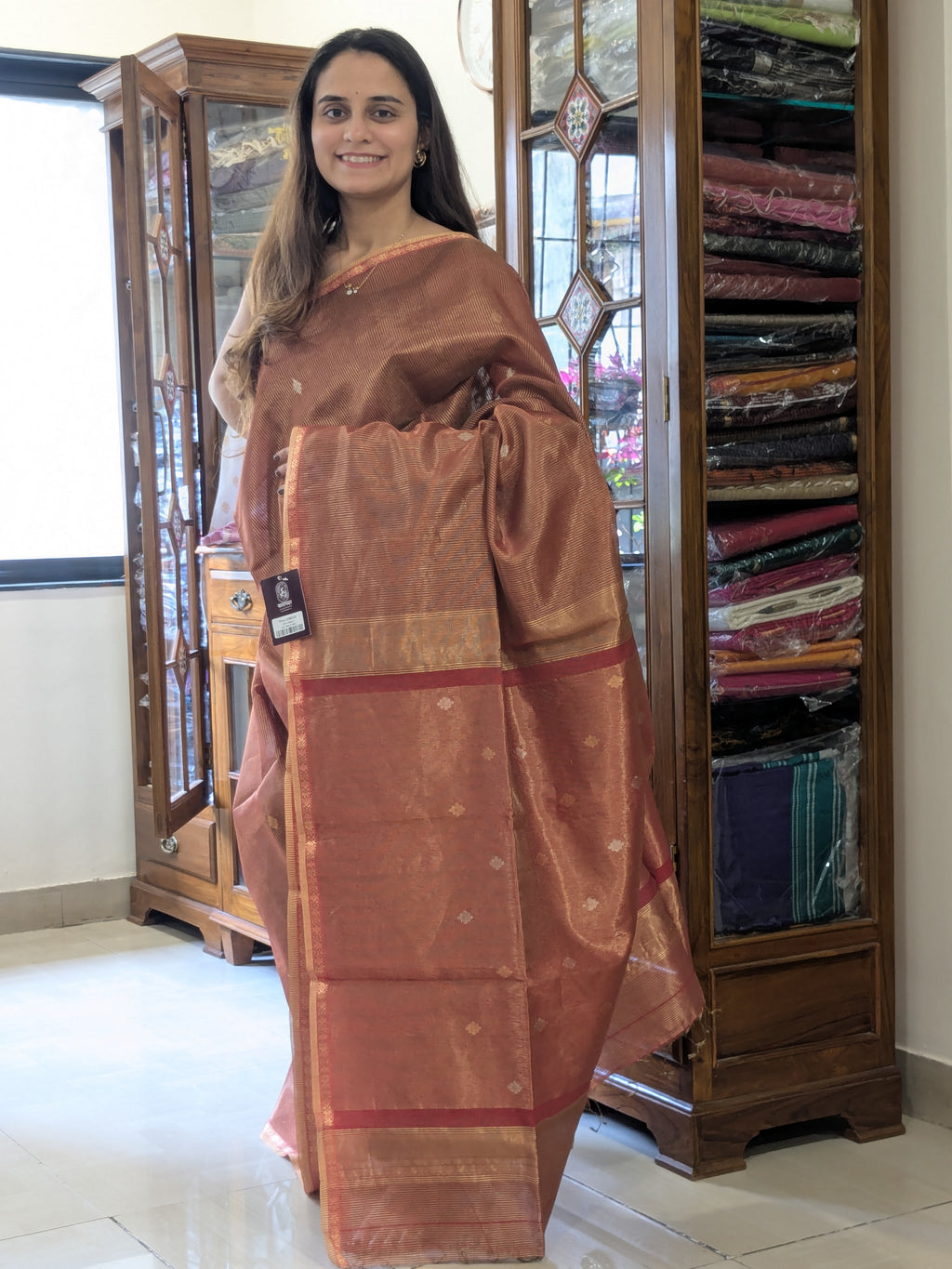 Maheshwari Red Silk Tissue Saree