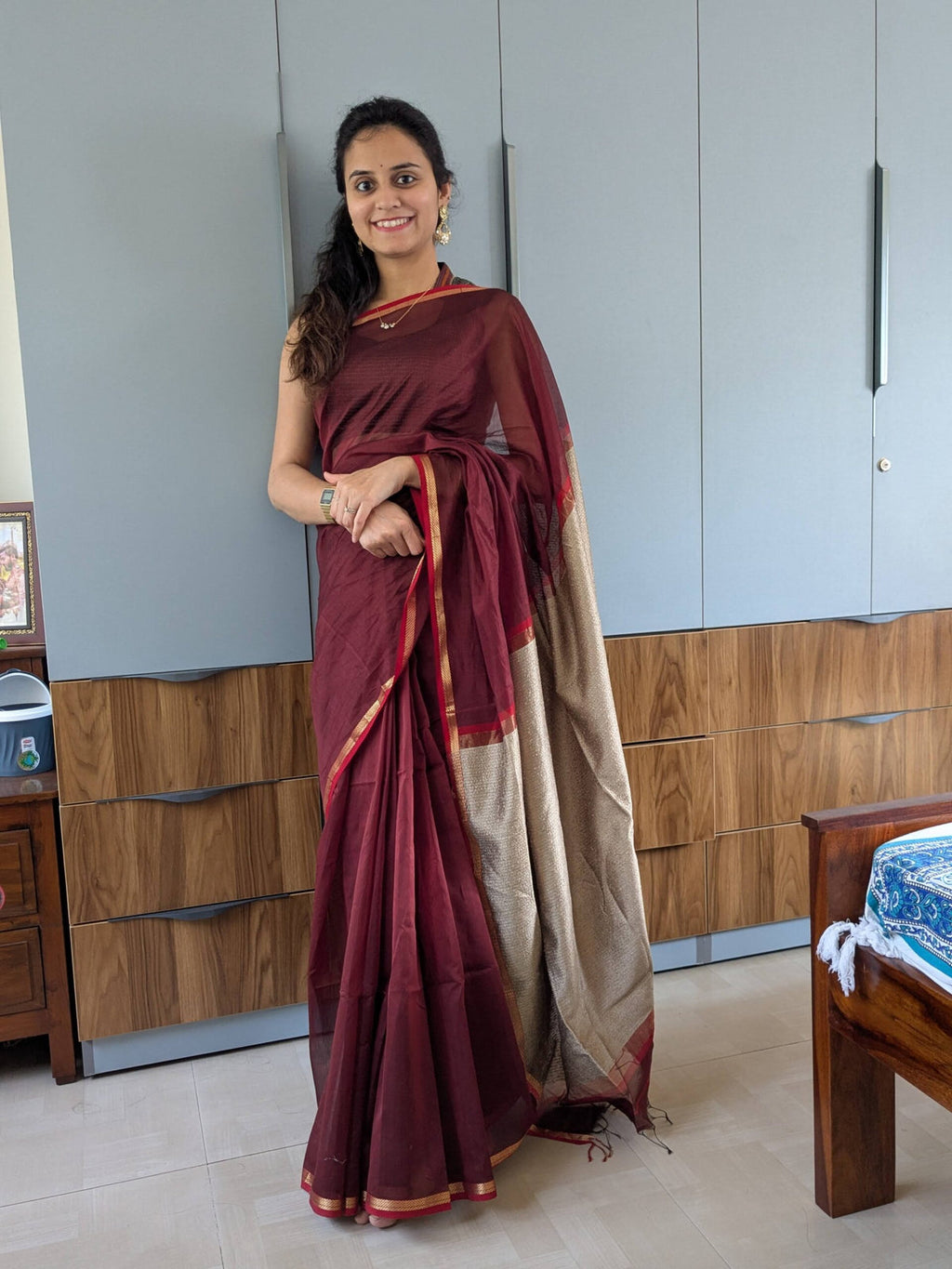 Maheshwari Reddish Brown Handloom Saree with Kosa Silk Pallu & Running Blouse