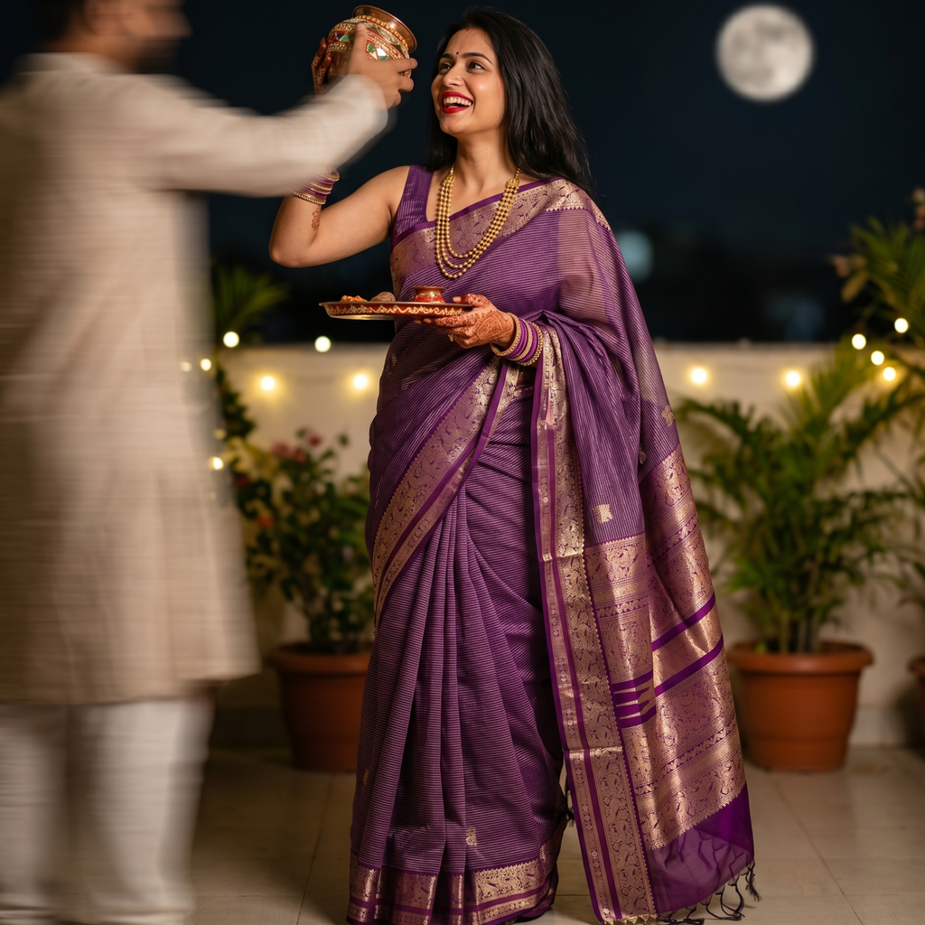 Purple Kanjeevaram Silk Cotton Saree with Grey Stripes, Buttis & Zari Pallu