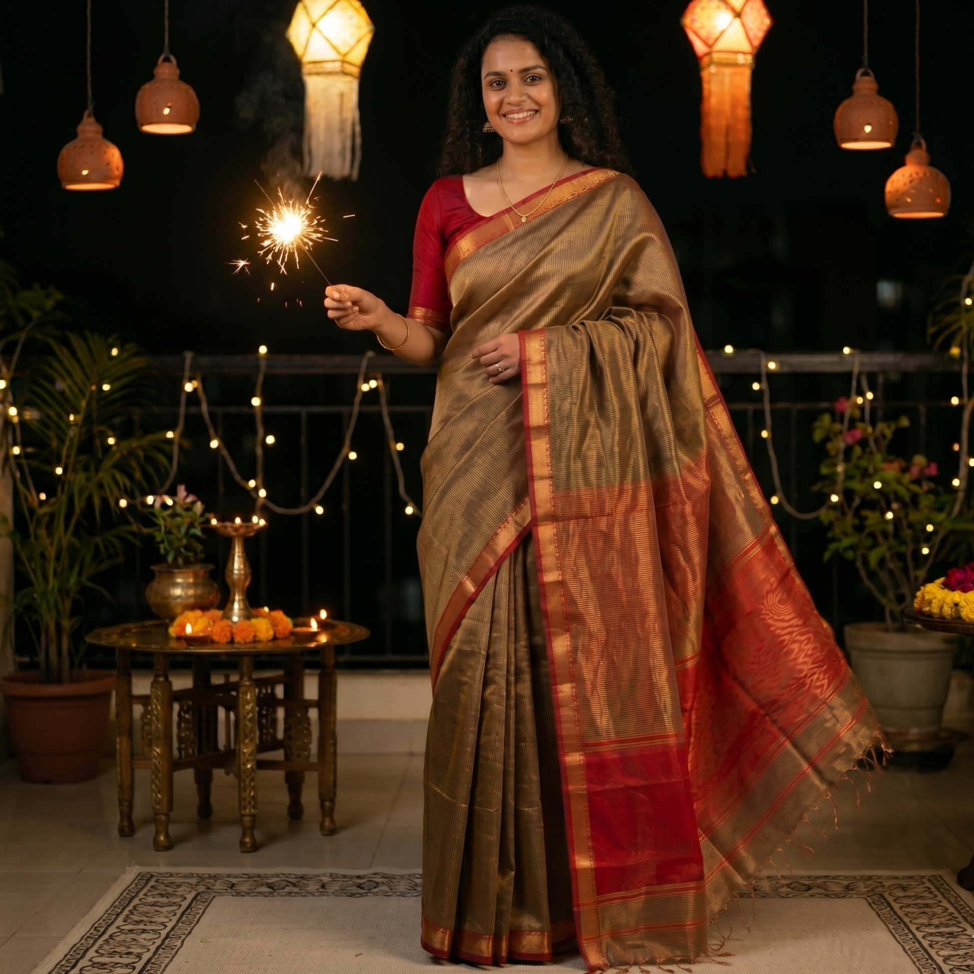 Green Maheshwari Handloom Tissue Silk Saree