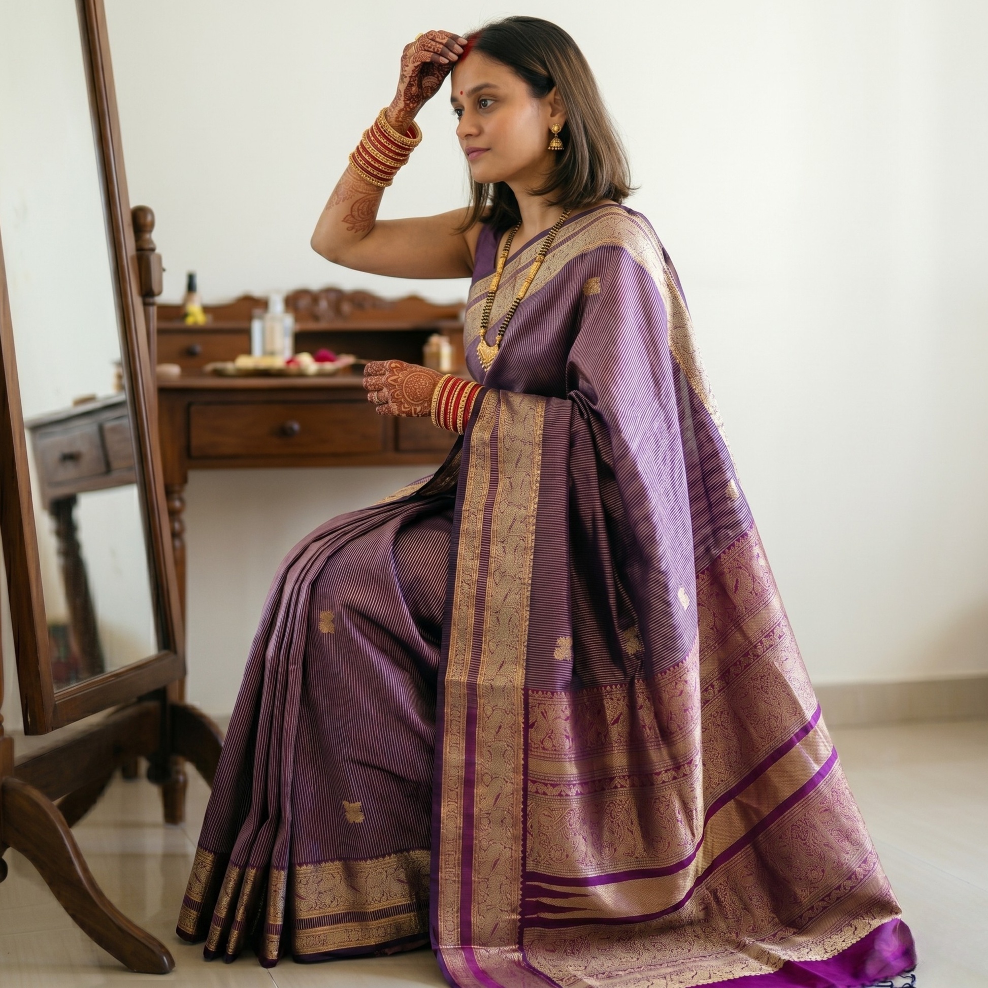 Purple  Silk Cotton Kanjivaram Saree with Grey Stripes, Buttis & Zari Pallu