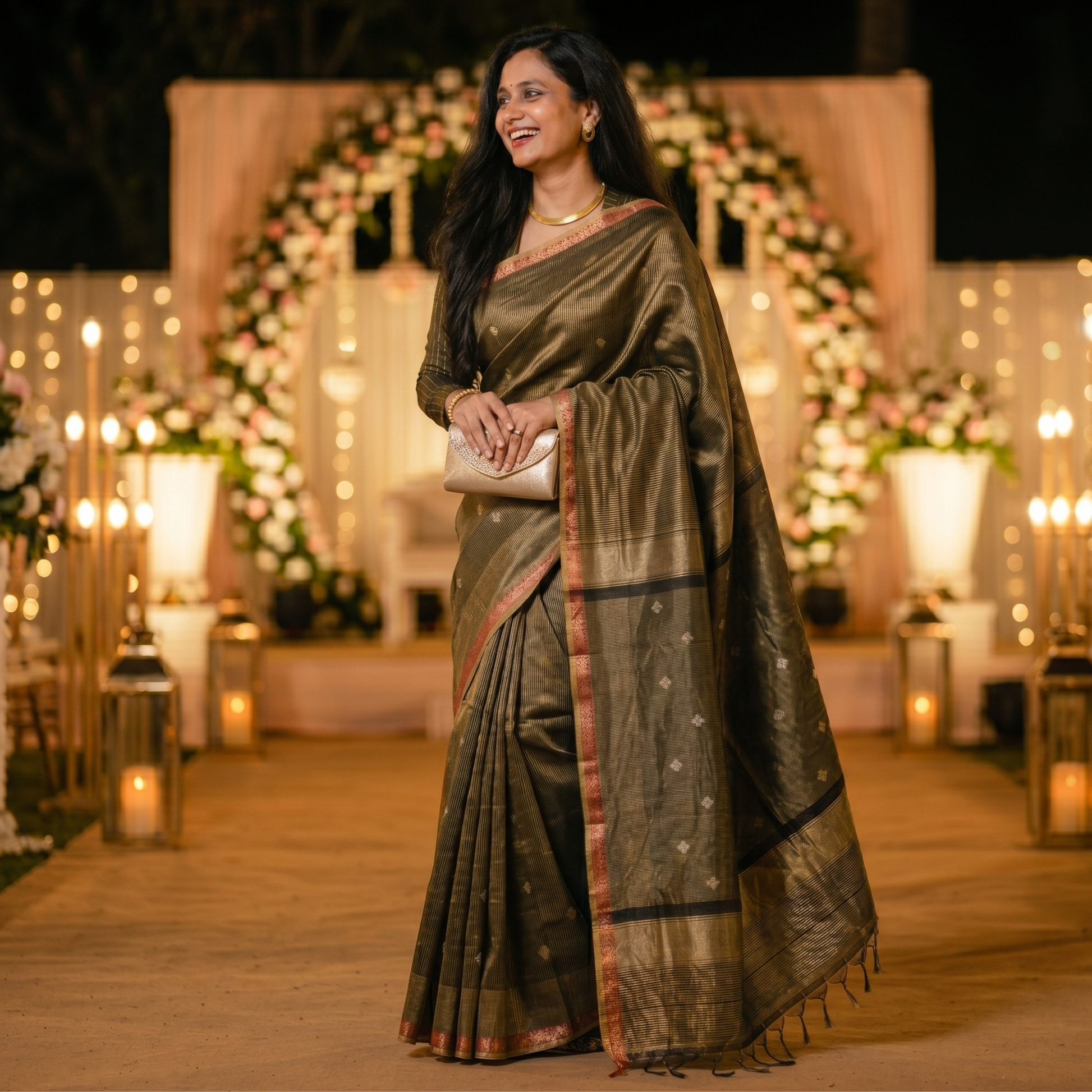 Maheshwari Handloom Black and Gold Tissue Saree