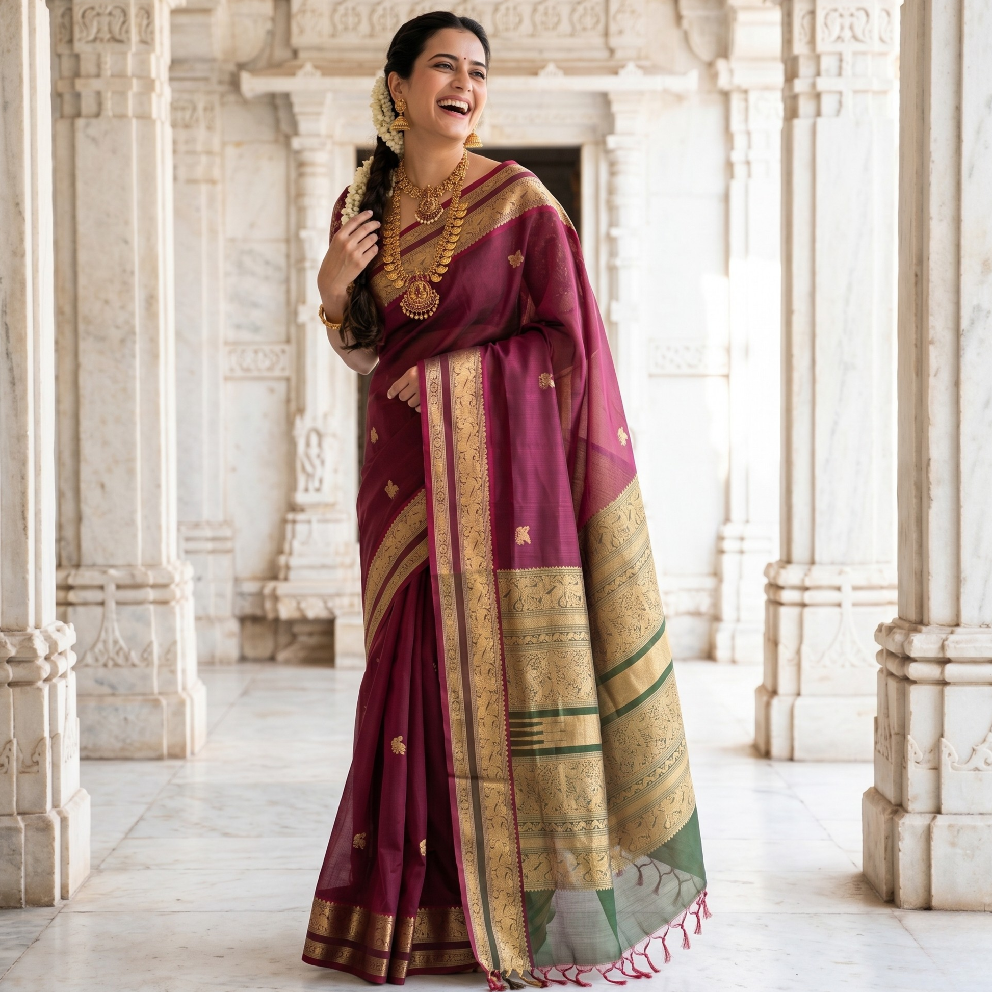 Rani Pink Silk Cotton Kanjivaram Saree with Mehendi Green Stripes, Buttis & Zari Pallu