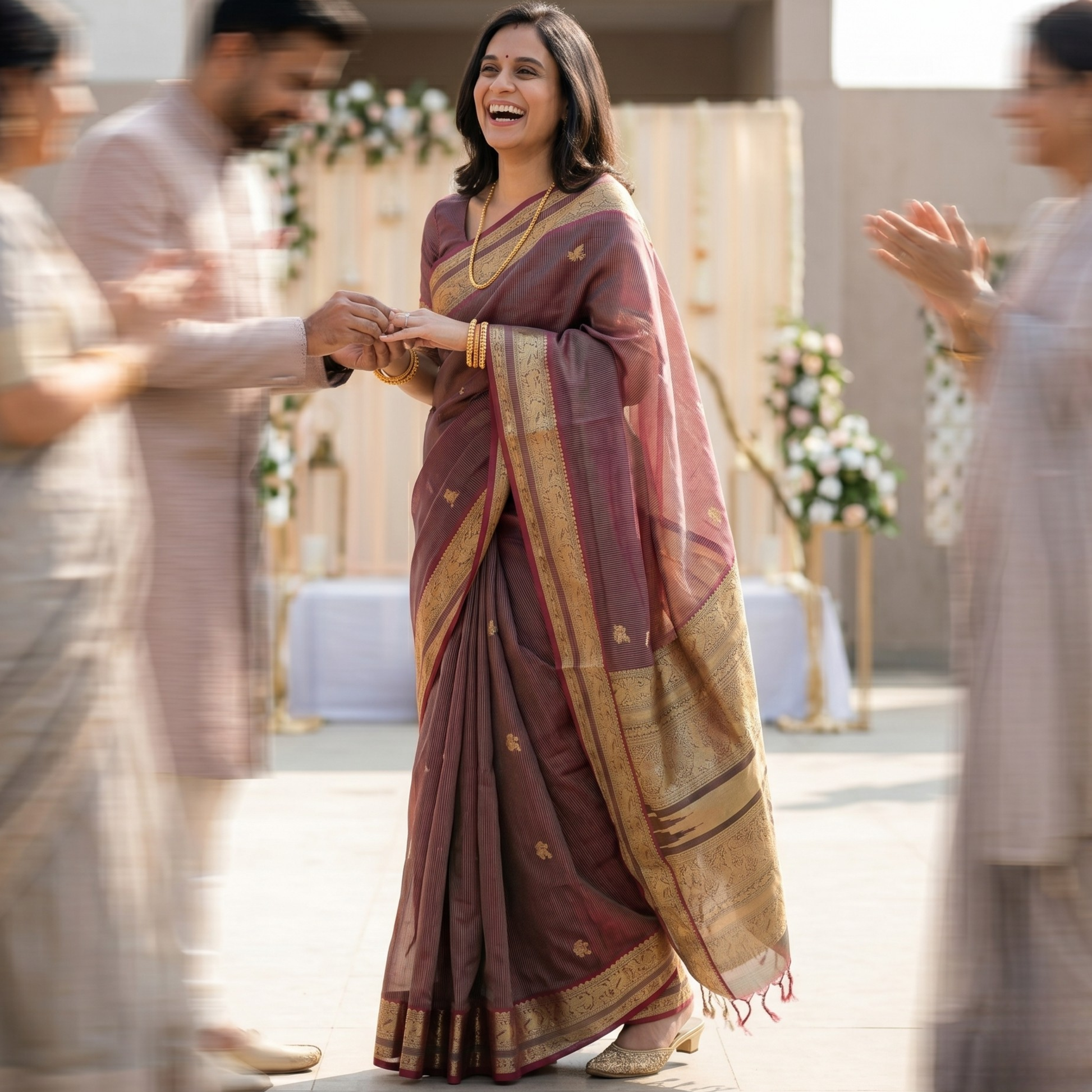 Red Silk Cotton Kanjivaram Saree with Grey Stripes, Buttis & Zari Pallu