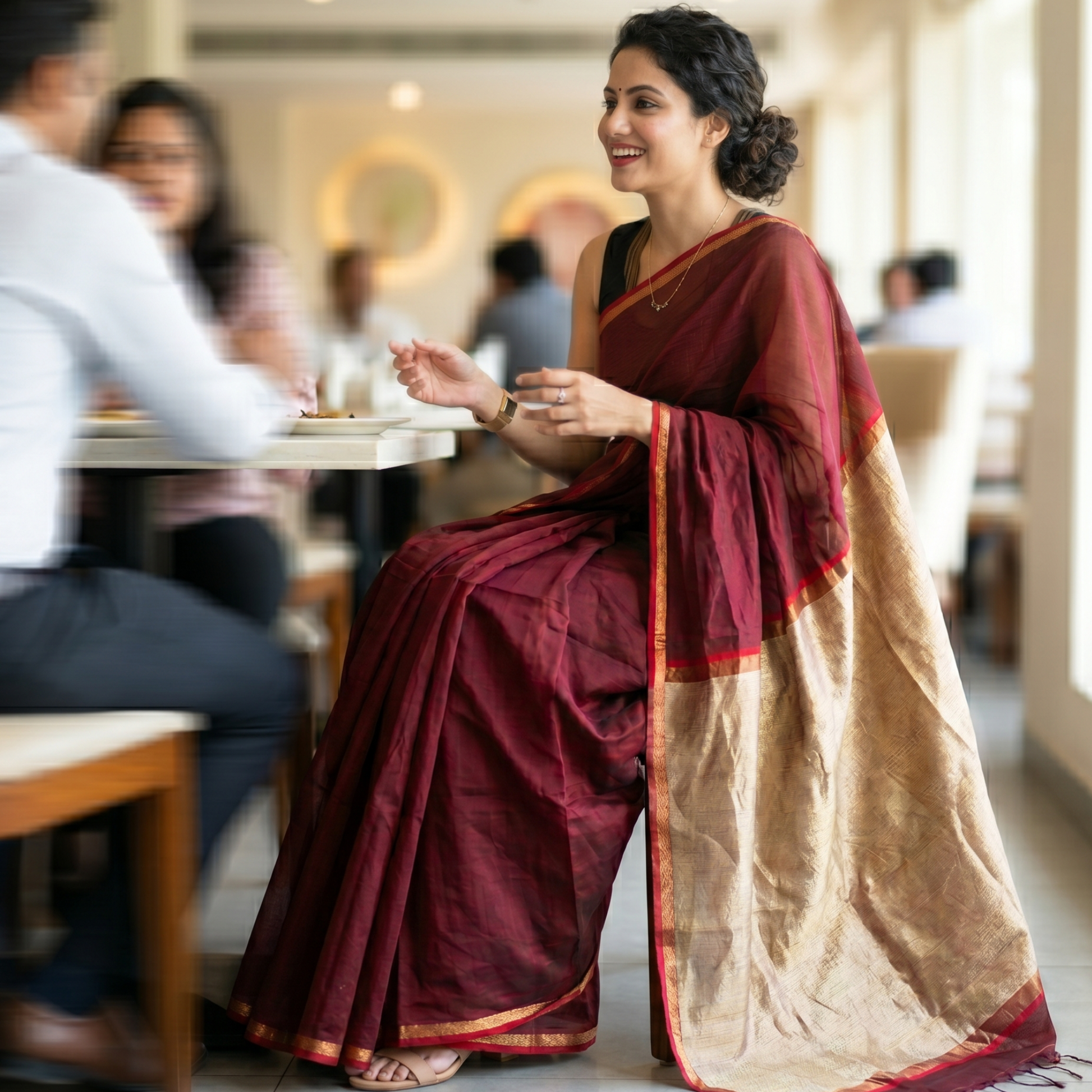 Maheshwari Reddish Brown Handloom Saree with Kosa Silk Pallu & Running Blouse