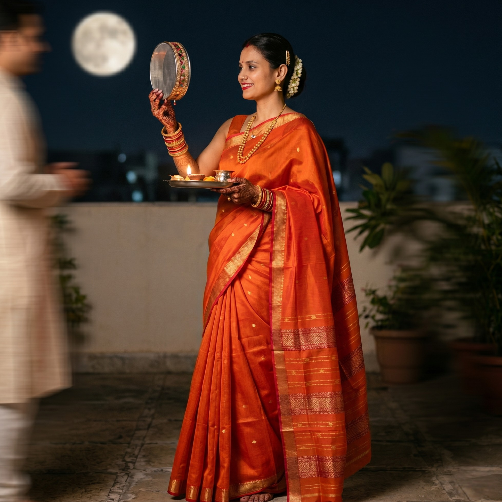 Garbh Reshmi with Butti Orange Maheshwari Handloom Saree