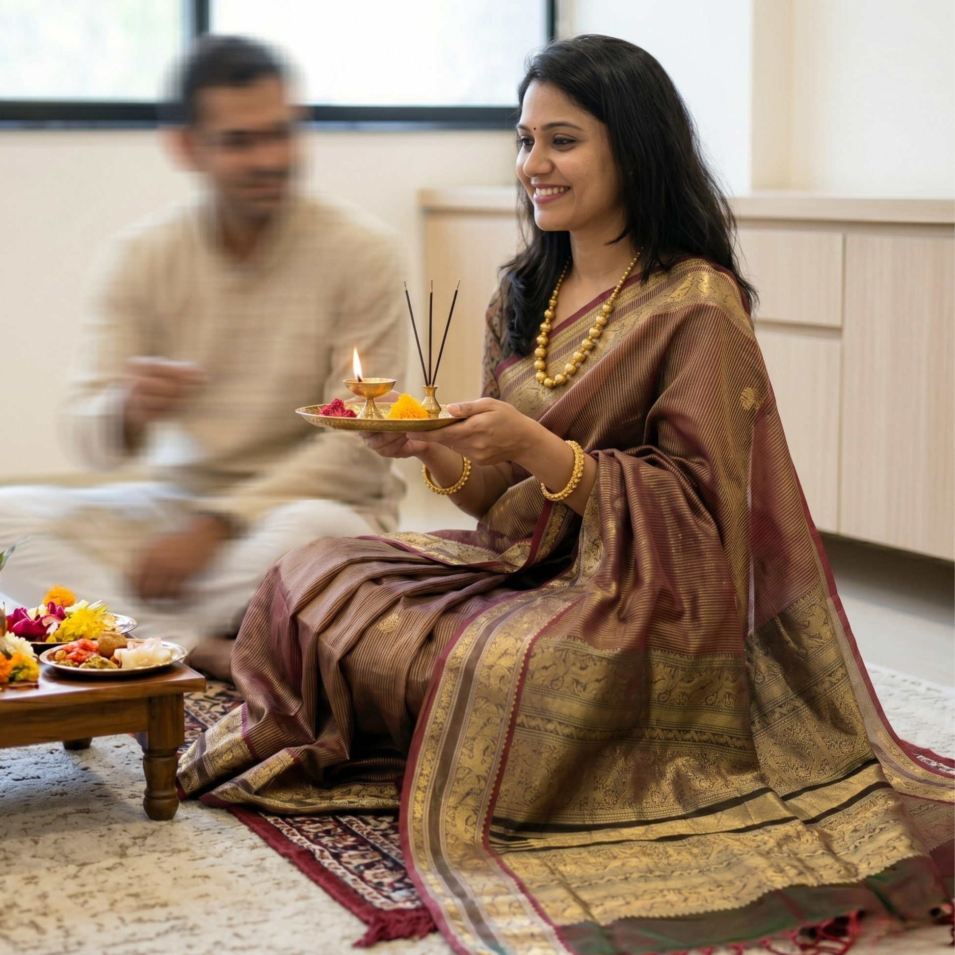 Red Silk Cotton Kanjivaram Saree with Golden Stripes, Buttis & Zari Pallu