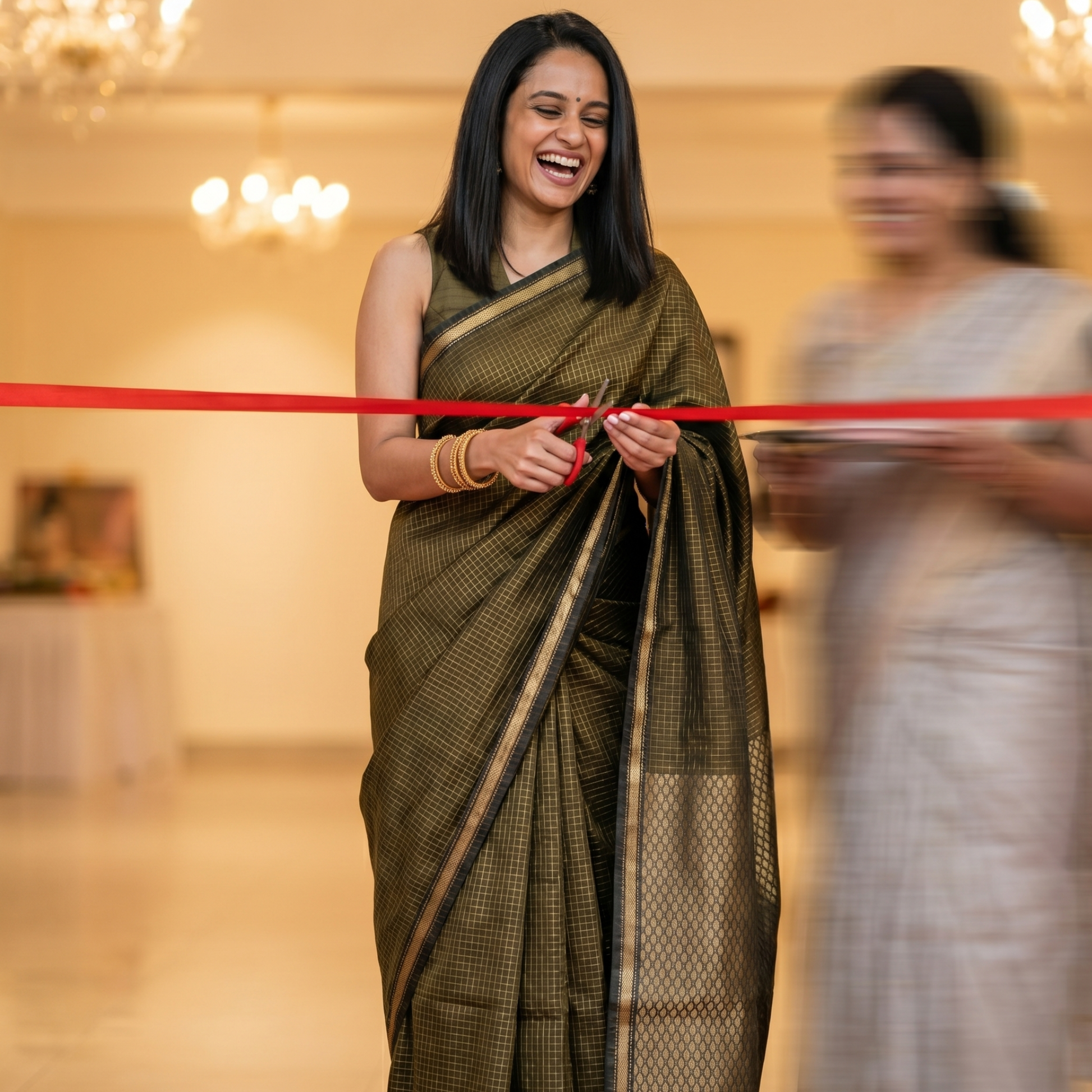 Maheshwari Zari Checks Olive Green Saree with Heavy Pallu