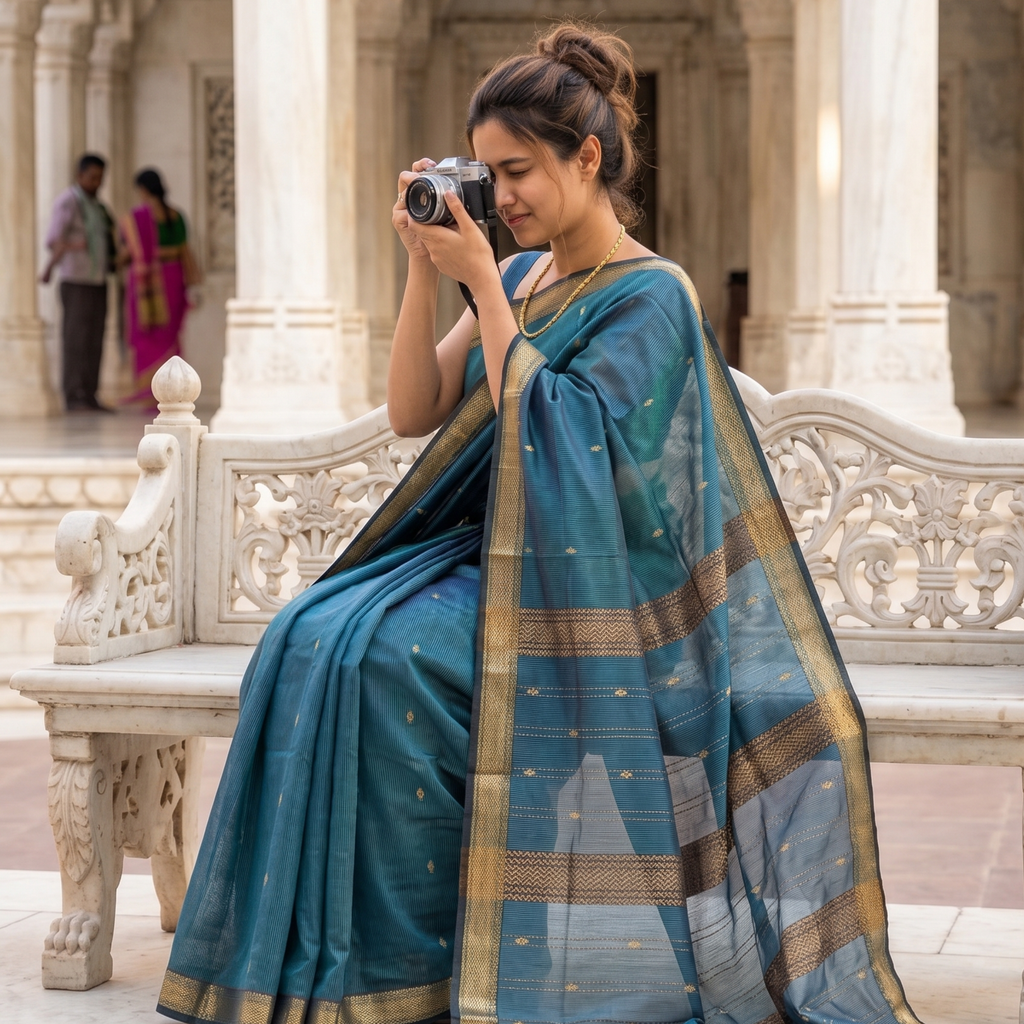 Garbh Reshmi with Butti Blue Maheshwari Handloom Saree