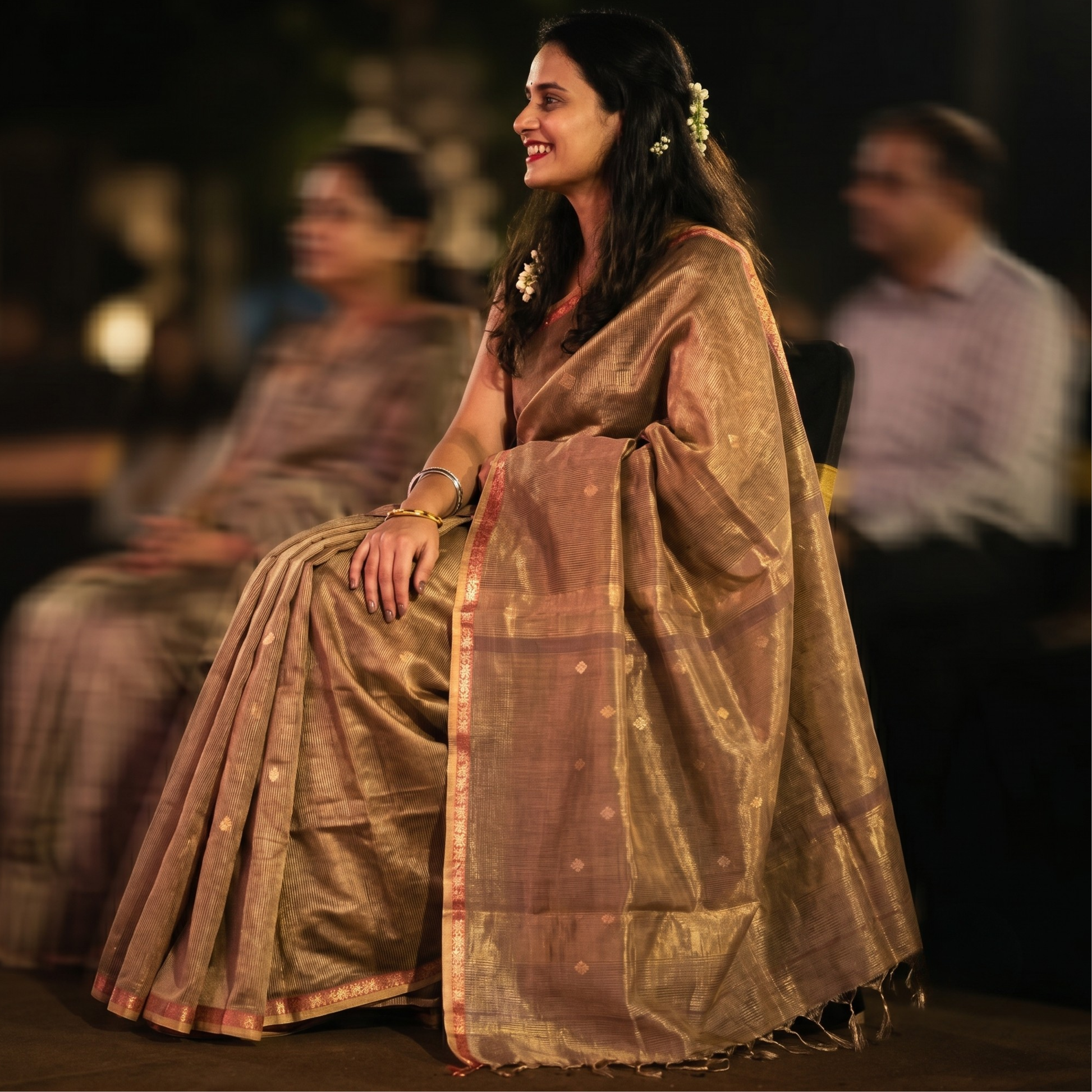 Maheshwari Beige Silk Tissue Saree