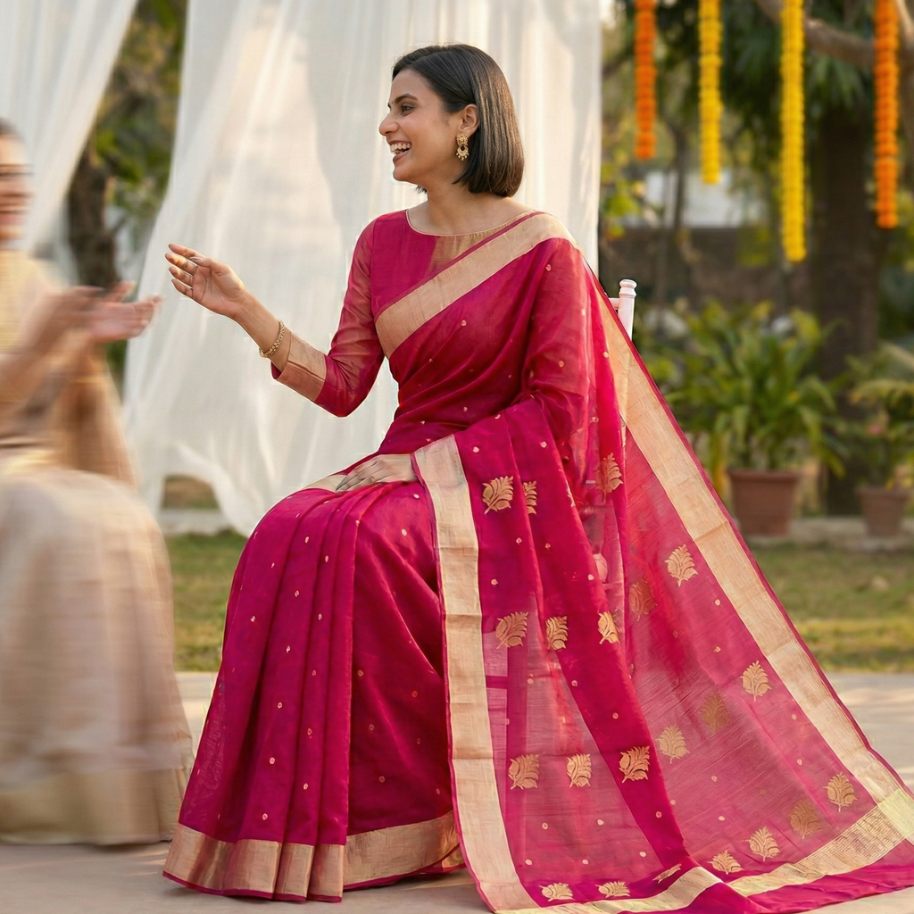 Chanderi Cotton Silk Rani Colour Saree