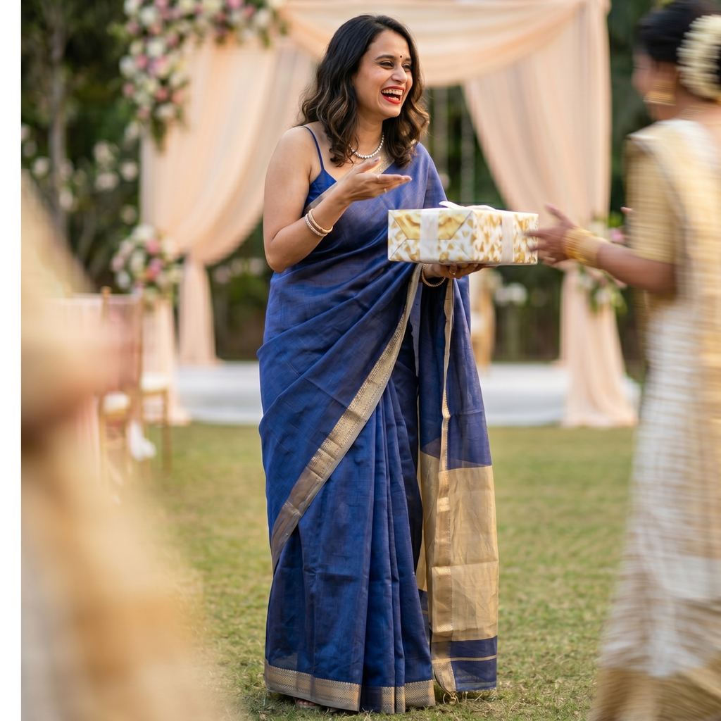 Maheshwari Royal Blue Tissue Cotton Saree