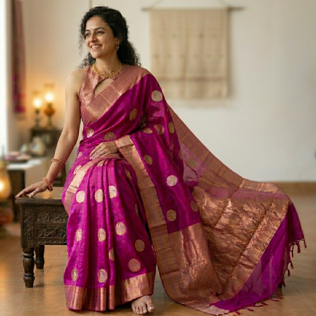 100% Pure Silk Pink Chanderi Saree