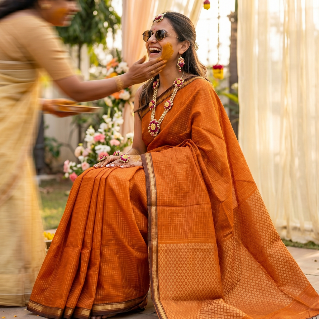 Maheshwari Zari Checks Orange Saree with Heavy Pallu