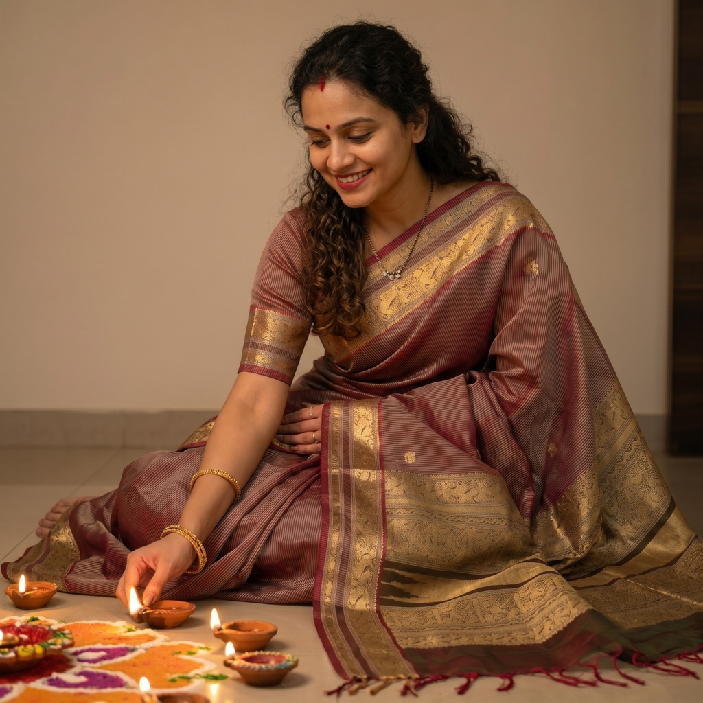 Peach Kanjeevaram Silk Cotton Saree with Green Stripes, Buttis & Zari Pallu