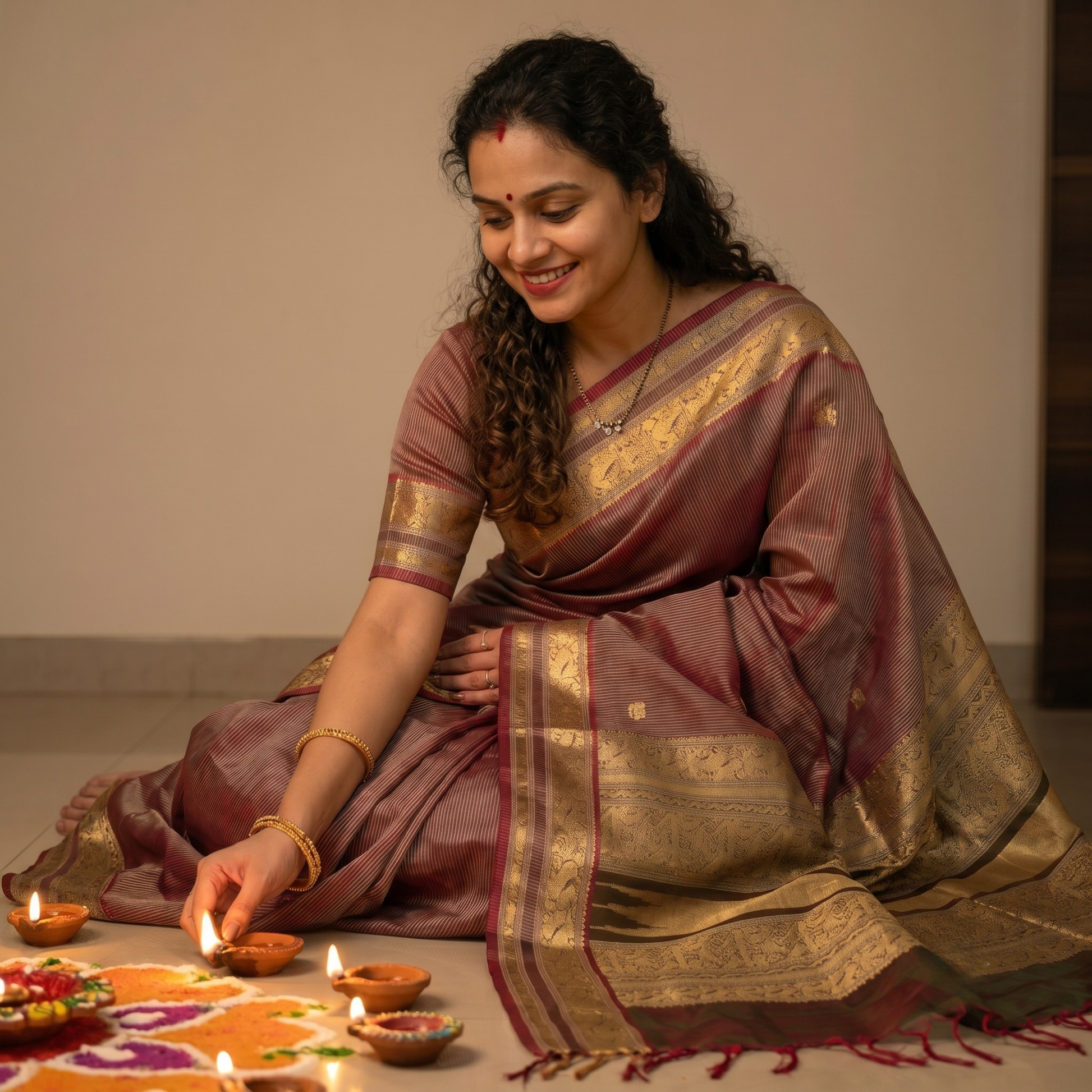 Peach Kanjeevaram Silk Cotton Saree with Green Stripes, Buttis & Zari Pallu