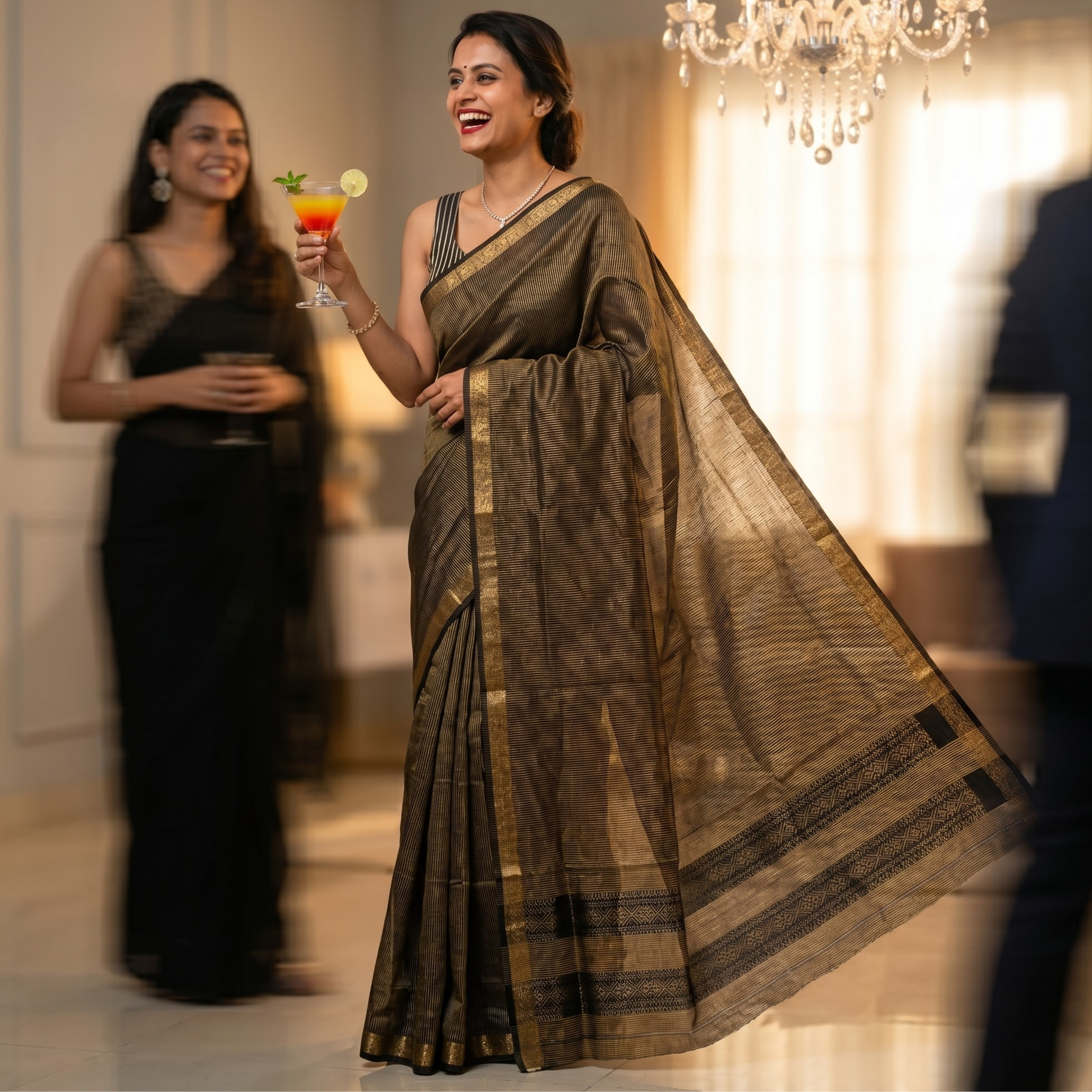 Garbh Reshmi Black and Golden Maheshwari Saree