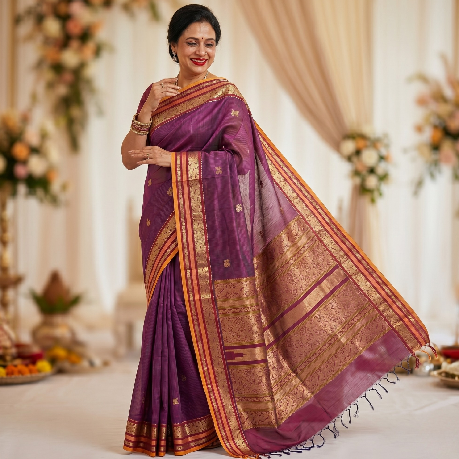 Magenta Kanjeevaram Silk Cotton Saree with Maroon Stripes, Buttis & Zari Pallu