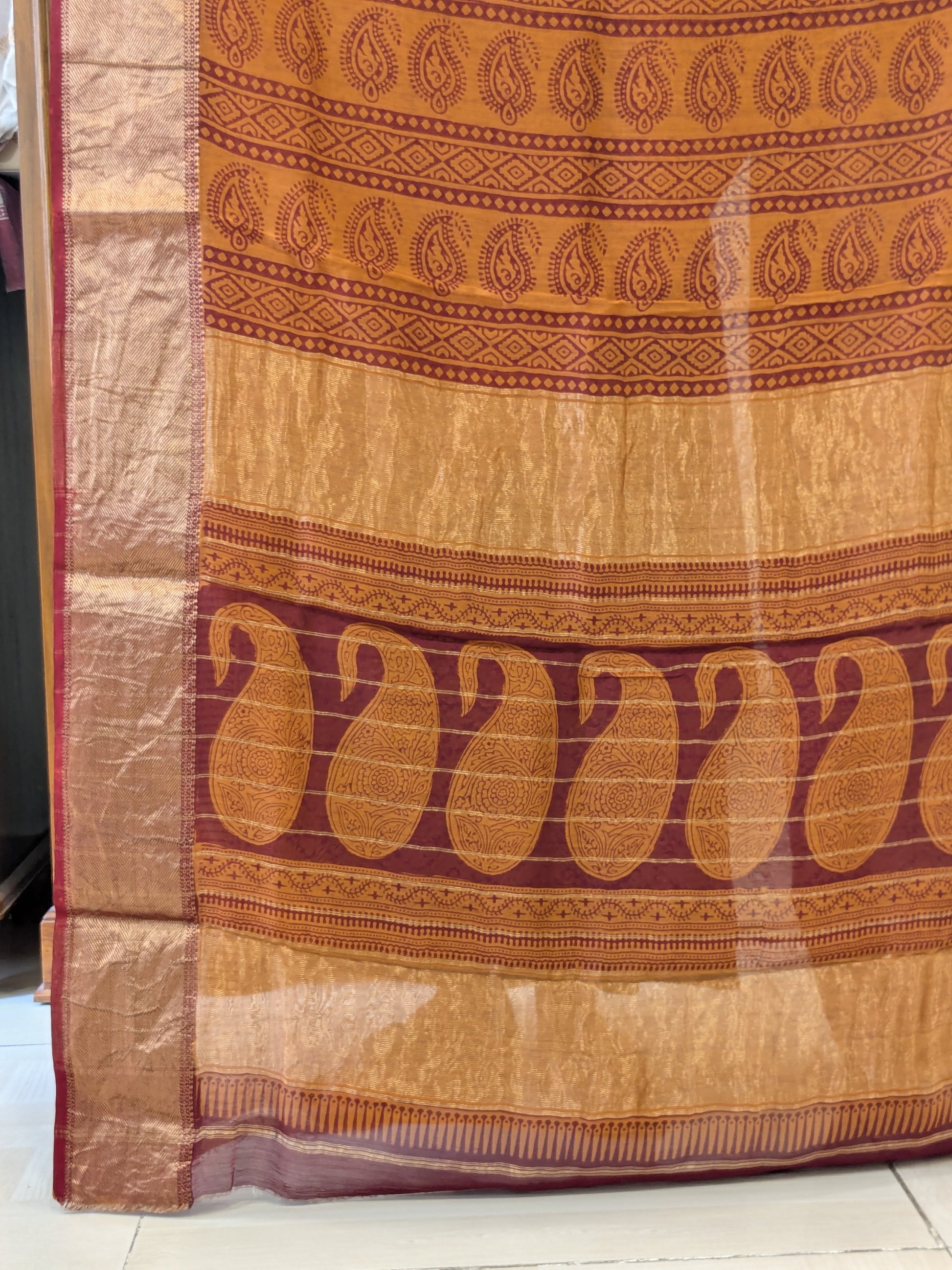 Maheshwari Rust Orange Handloom Bagh Handblock Print Saree