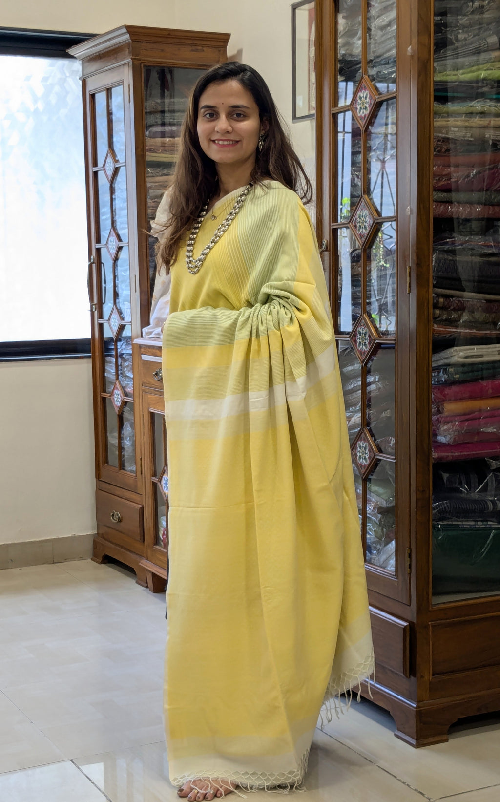 Handloom Yellow Jamdani Saree with Stripes