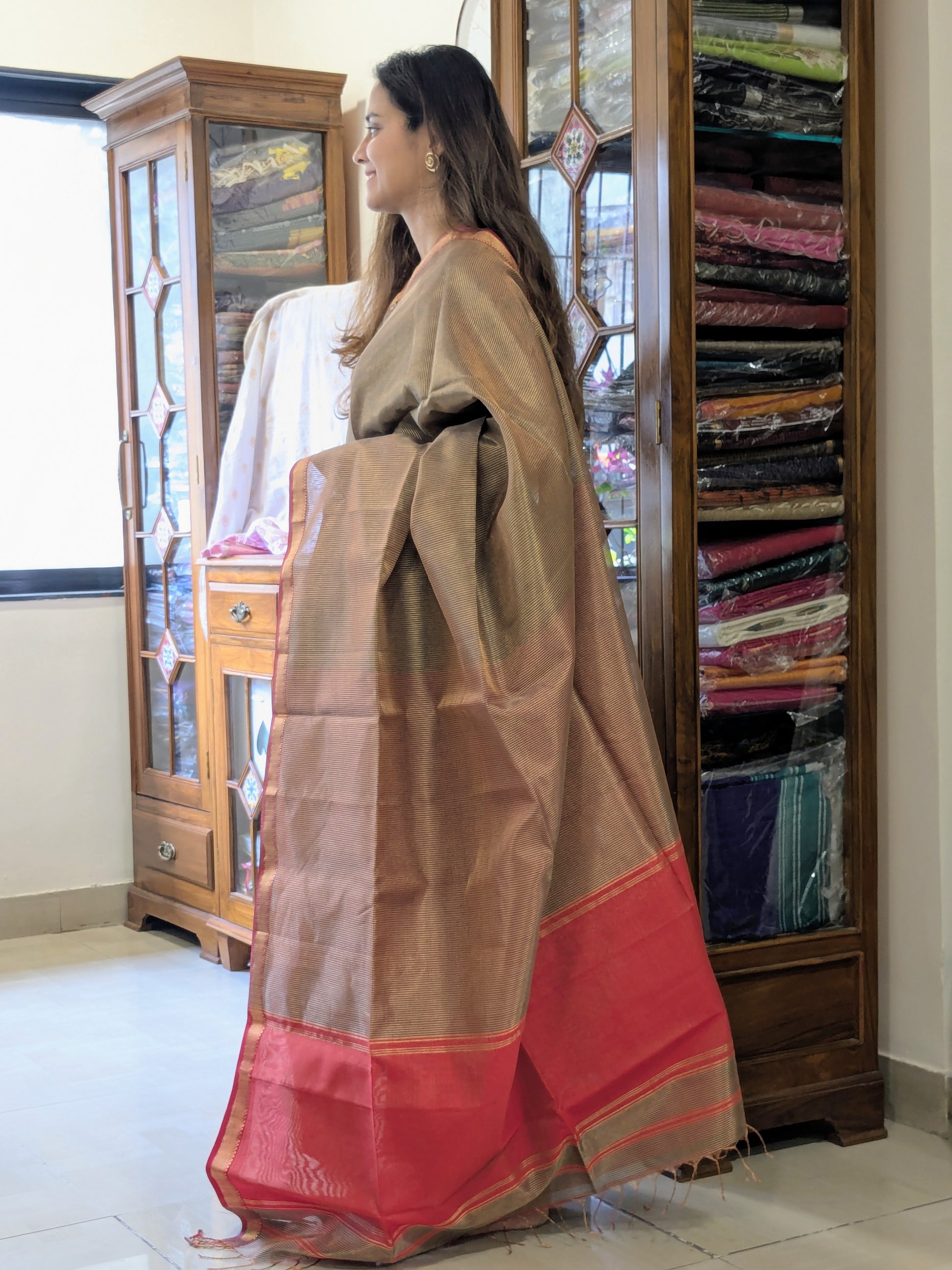 Green Maheshwari Handloom Tissue Silk Saree